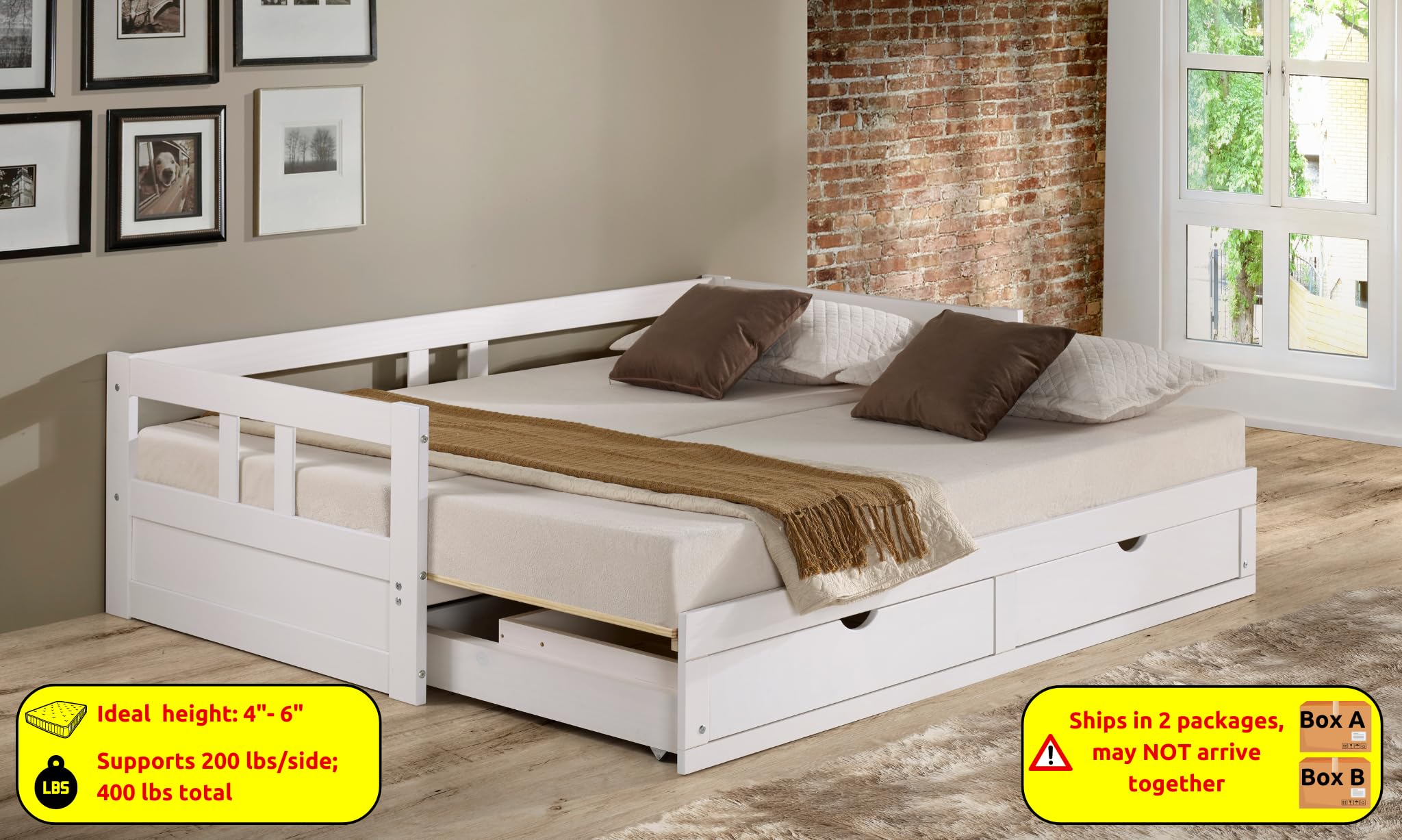 Alaterre Furniture Melody Extendable Pine Trundle Daybed with Underbed Storage - White Twin to King Size - Kids Bedroom Furniture Set with Headboard - Perfect for Guest Rooms, Dormitories & Small Spaces