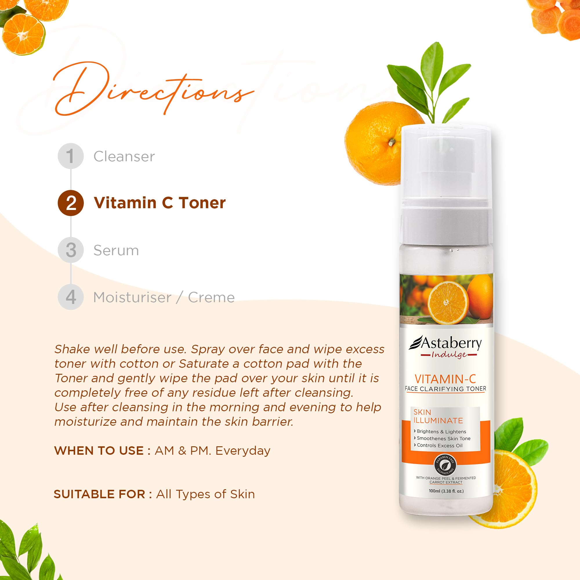 Astaberry Vitamin C Face Toner for Glowing Skin | Hydrating Toner for Oily & Dry Skin | With Orange Peel & Fermented Carrot Extract | 100ml | Perfect for Daily Skincare Routine & Post-Cleansing Refreshment