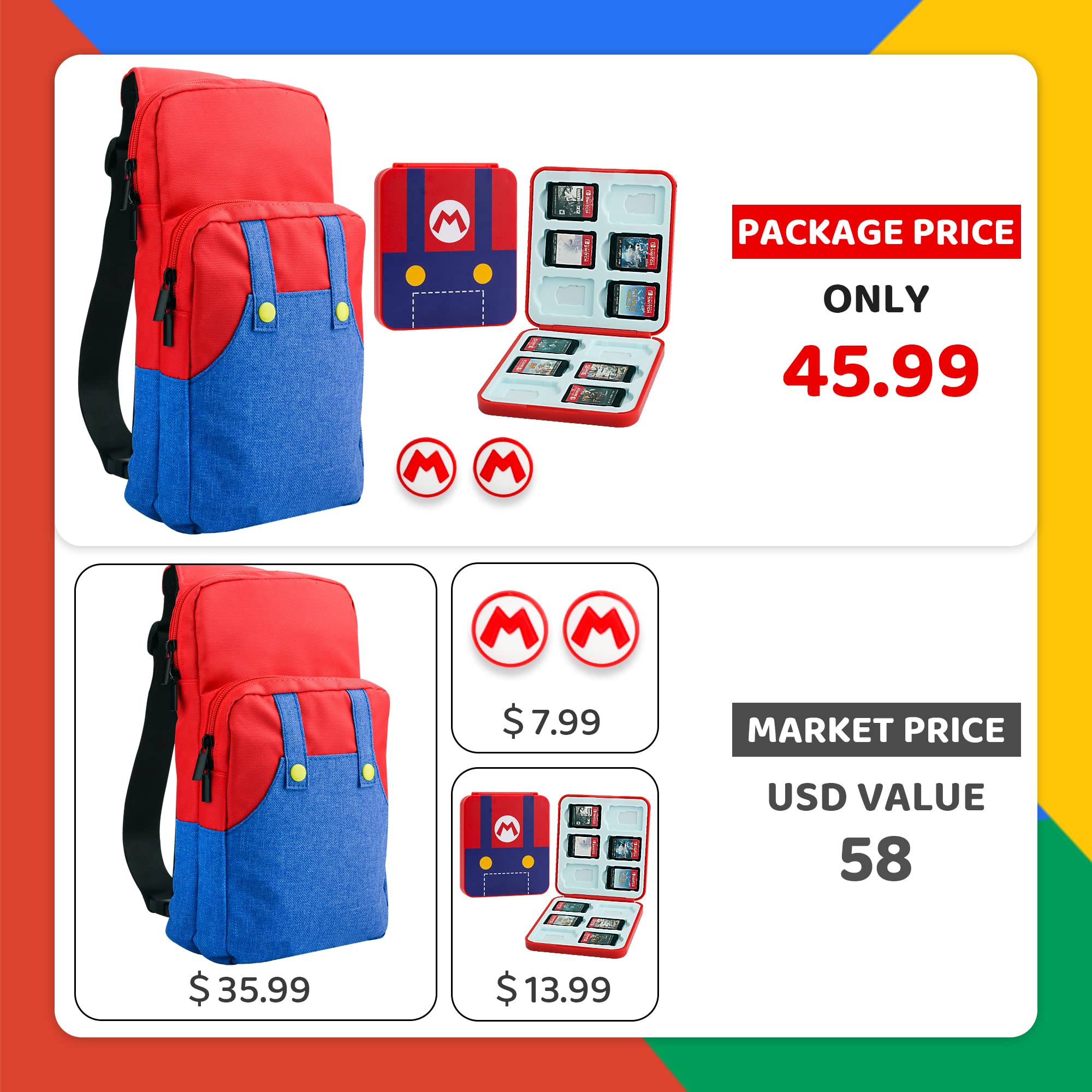 Cute Mario Switch Travel Bag for Nintendo Switch/OLED/Lite - Portable Crossbody Backpack with Game Case Holder & Thumb Caps - Perfect for Gaming On-The-Go