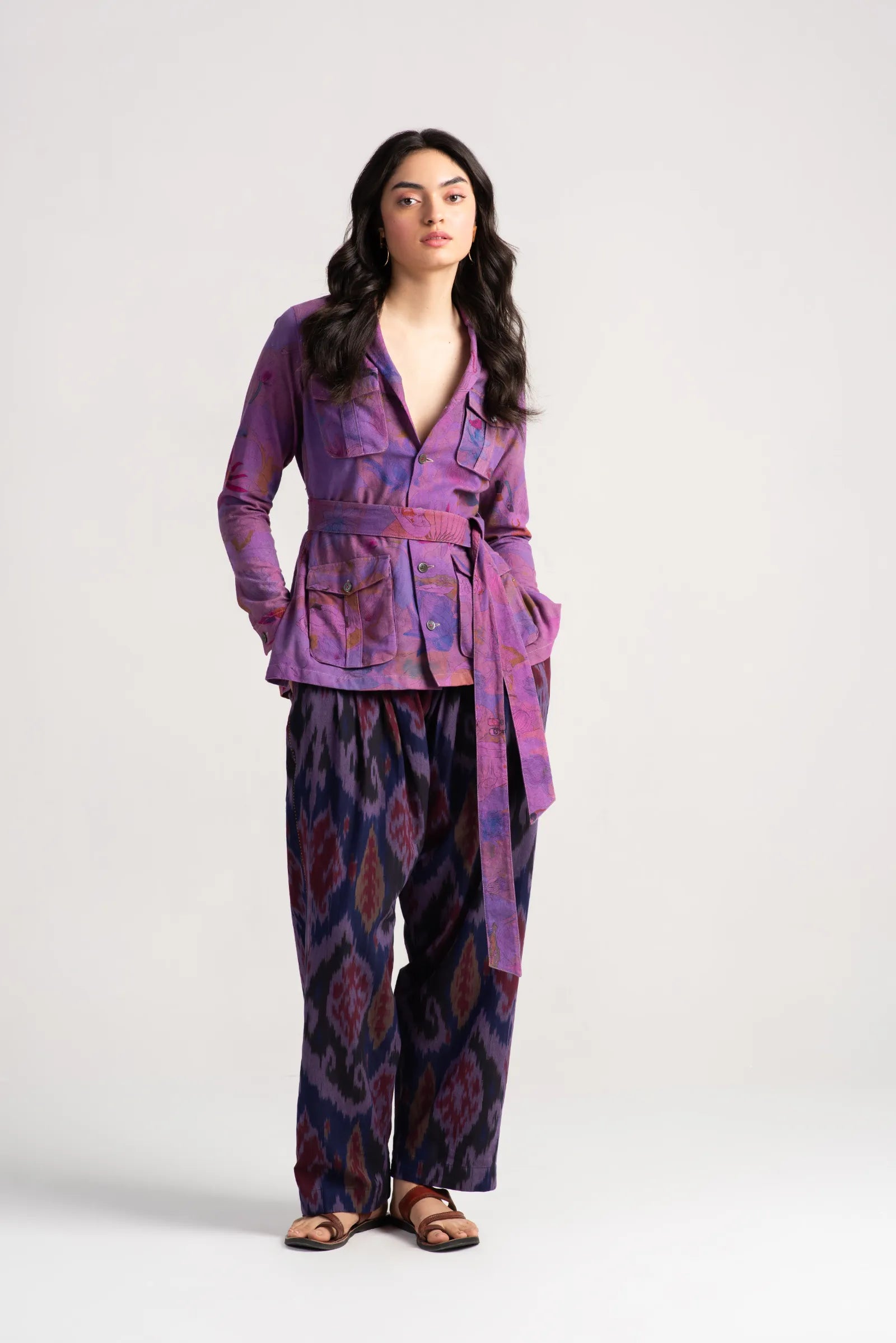 Chandrika Cotton Ikat Pants for Women - Navy & Wine Floral Print - Comfortable Casual Trousers for Work, Travel & Everyday Wear