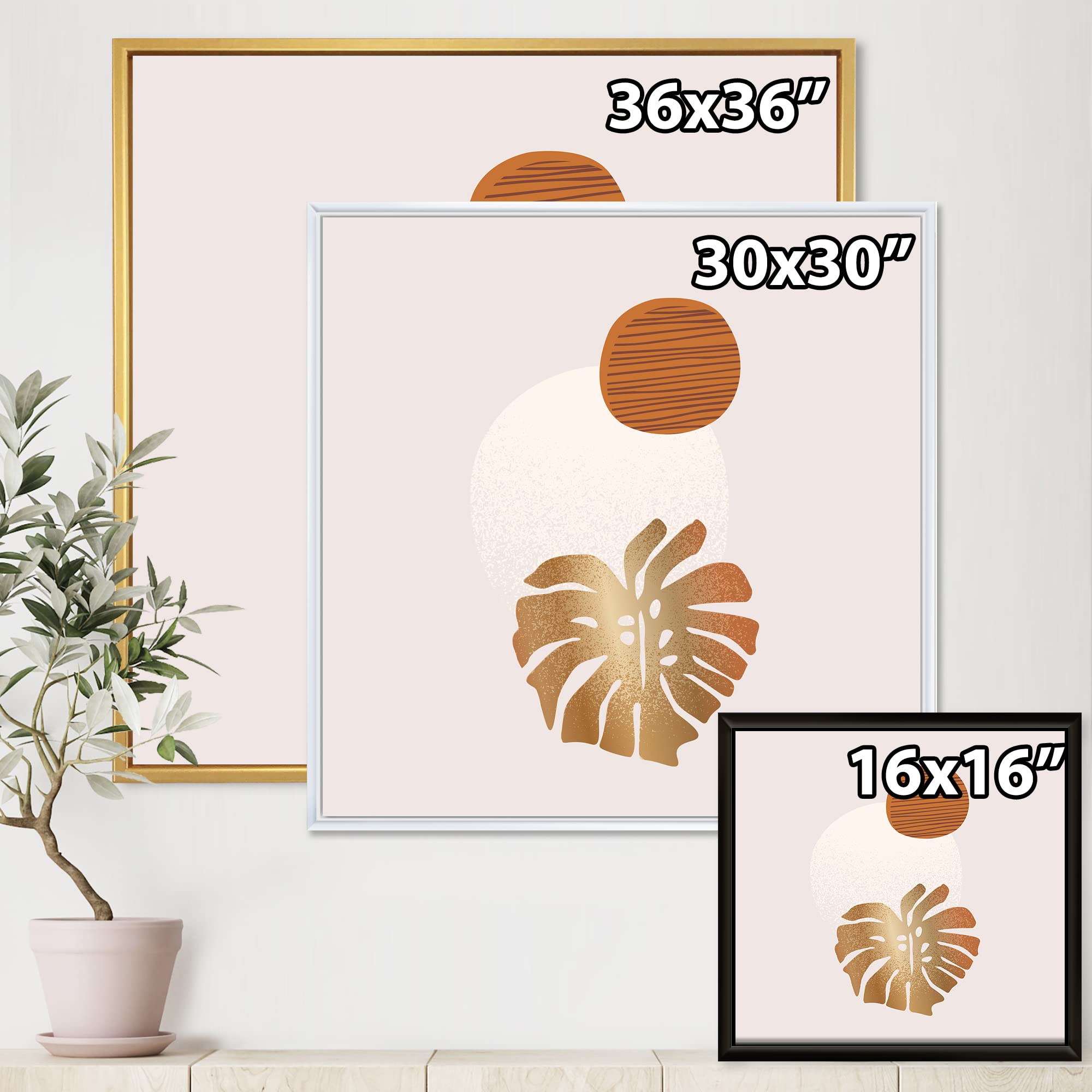 DesignQ Tropical Palm Leaf & Abstract Geometry Shapes II - Modern Framed Canvas Wall Art Print for Living Room, Bedroom & Office Decor