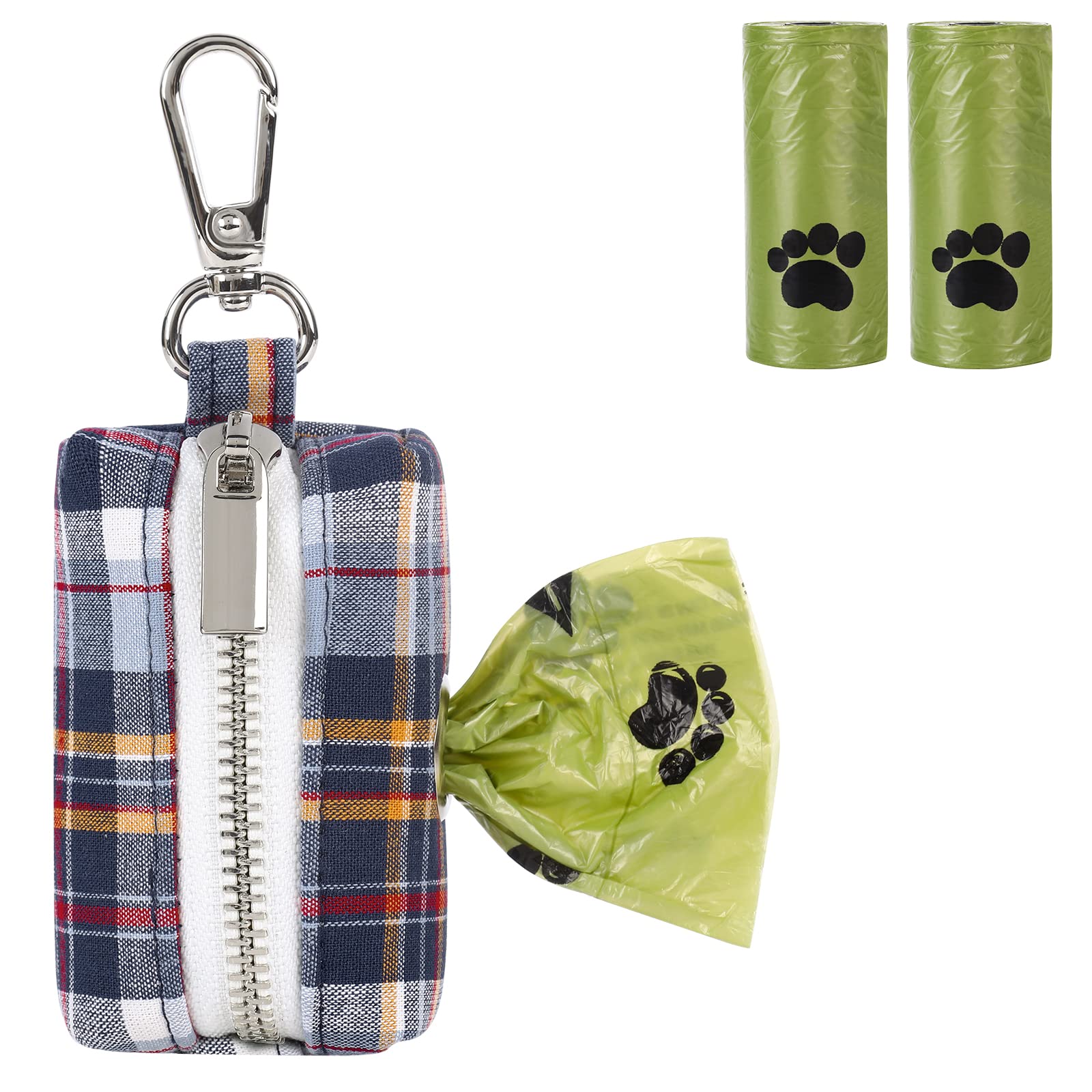 Lionet Paws Cute Dog Poop Bag Holder with Waste Bags - Leash Attachment, Dark Blue Cotton Dispenser & Matching Collar for Small Medium Dogs - Perfect for Walking, Hiking, and Park Outings