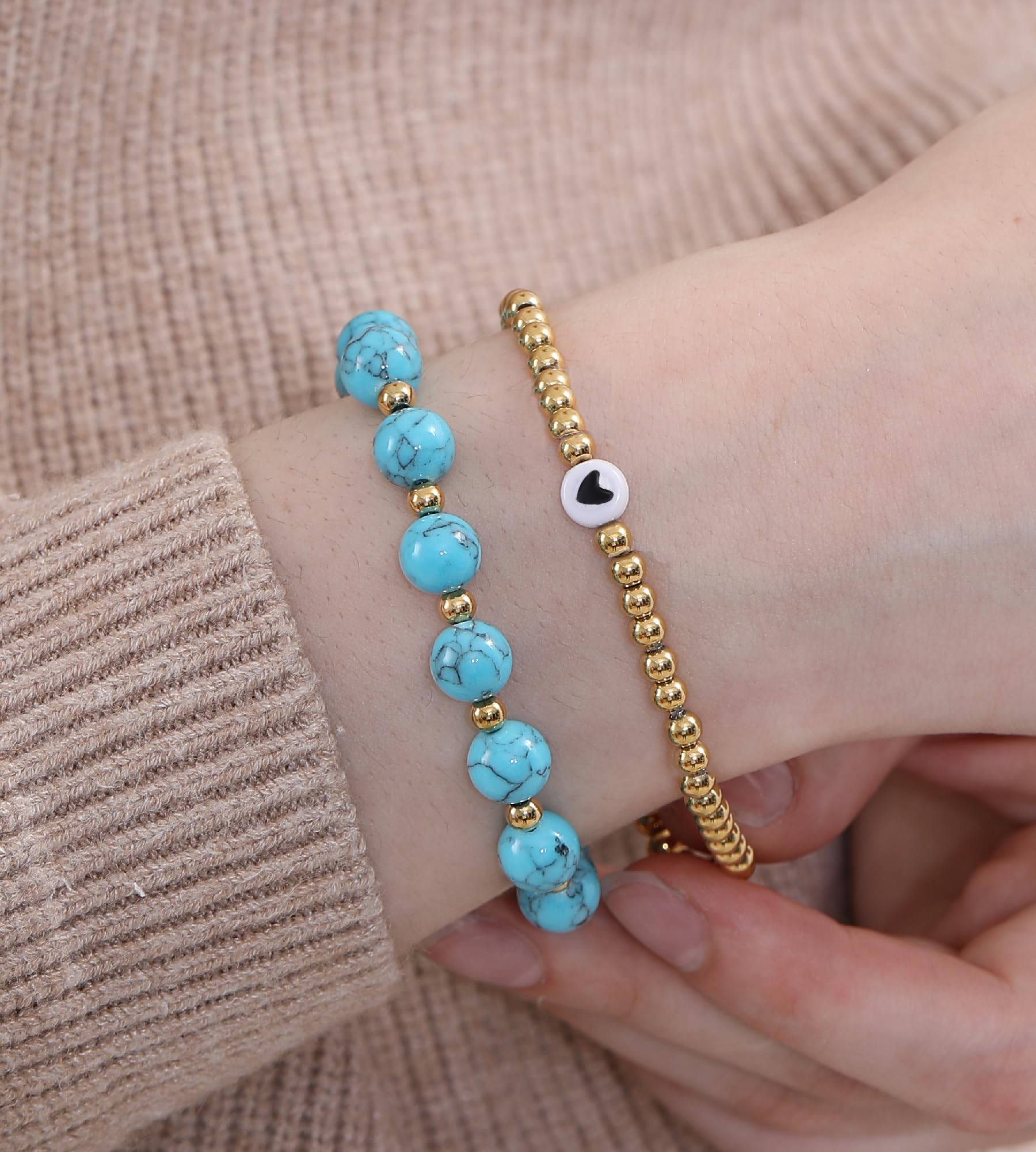 2Pcs Gold Beaded Bracelet Set for Women, Turquoise Jewelry Gift for Mom, Daughter, Sister & Friends - Perfect for Birthday, Anniversary & Everyday Wear