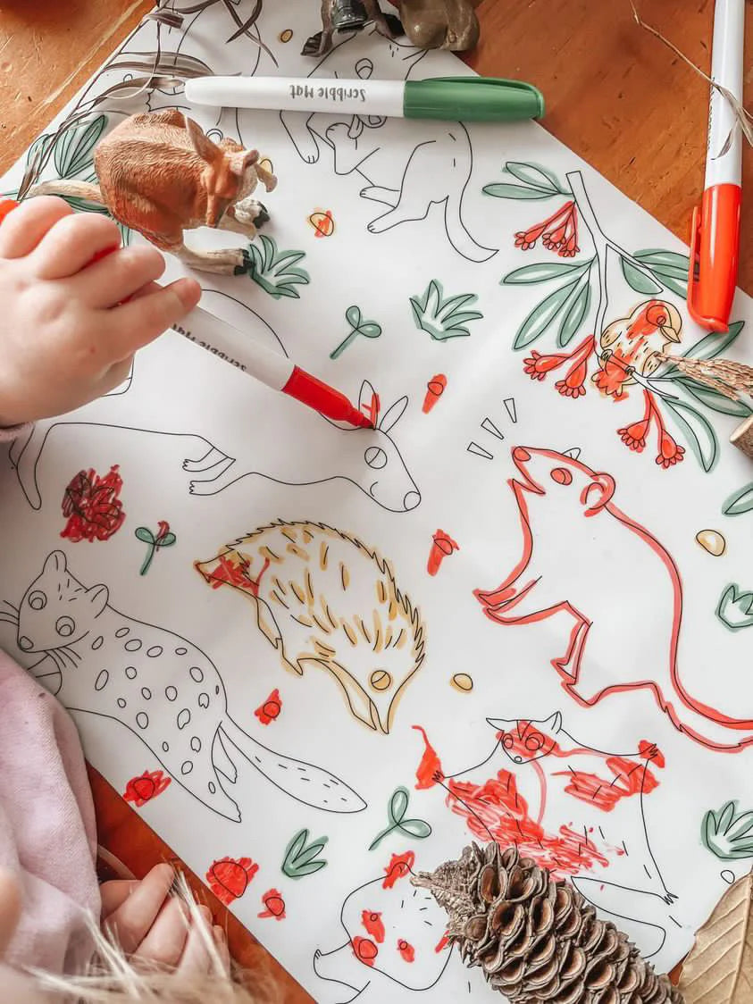 Reusable Scribble Mat Set with Baby Australian Animals - Washable Kids Drawing Mat for Toddlers & Preschoolers - Perfect for Travel, Home & Classroom Playtime