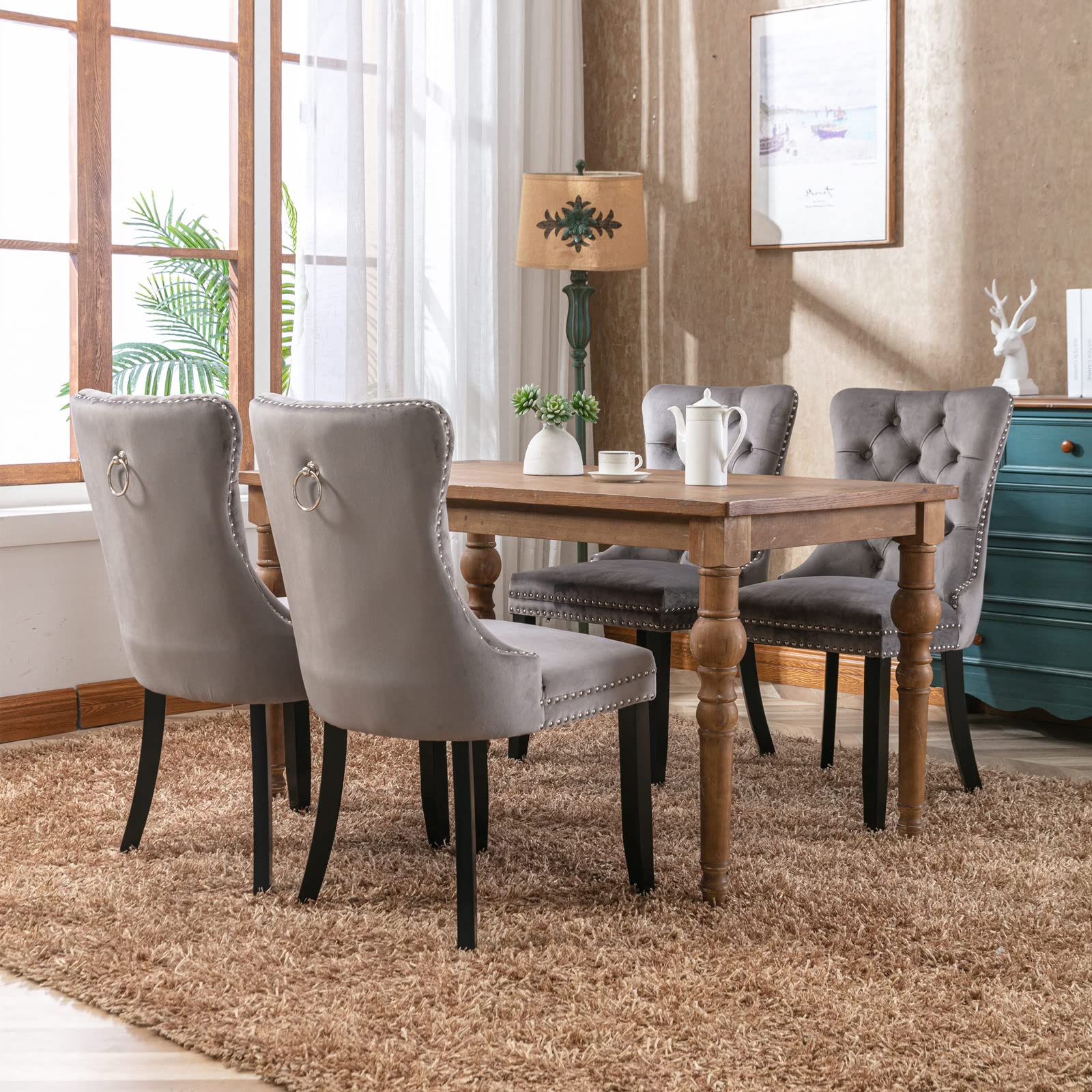 Rhomtree Set of 2 Velvet Dining Chairs - Luxury Tufted Back with Nailhead Trim & Ring Pull, Solid Rubberwood Legs (Grey/Black) for Kitchen, Dining Room & Home Decor