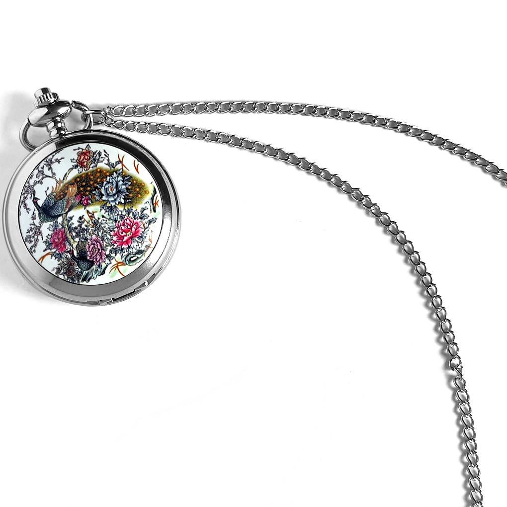 VIGOROSO Steampunk Silver Pocket Watch with Quartz Movement & Peony Bird Enamel Painting - Gift Box Included - Perfect for Vintage Collectors, Cosplay, and Unique Gifts
