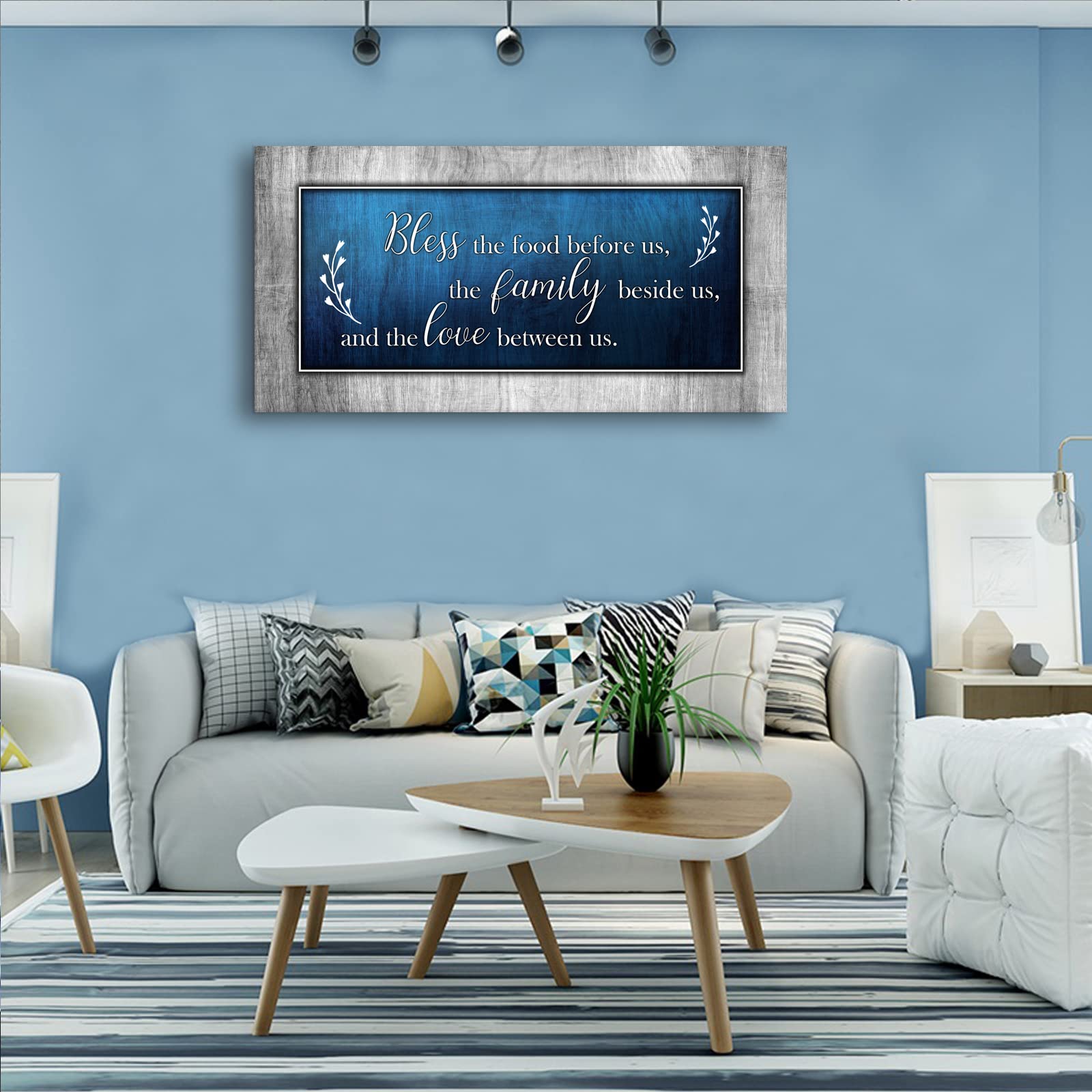 Blue & Grey Canvas Wall Art - Bless The Food Quote - 24x48