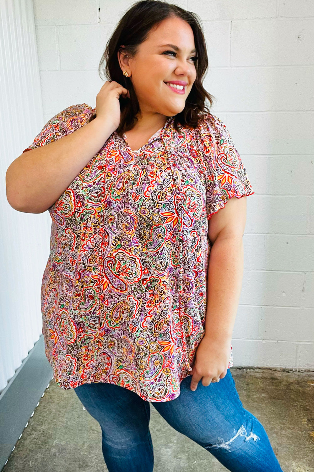 Boho Paisley Print Dolman Top with Tie Neck - Plum & Multicolor Floral Blouse for Women | Perfect for Casual Outings, Music Festivals & Beach Vacations