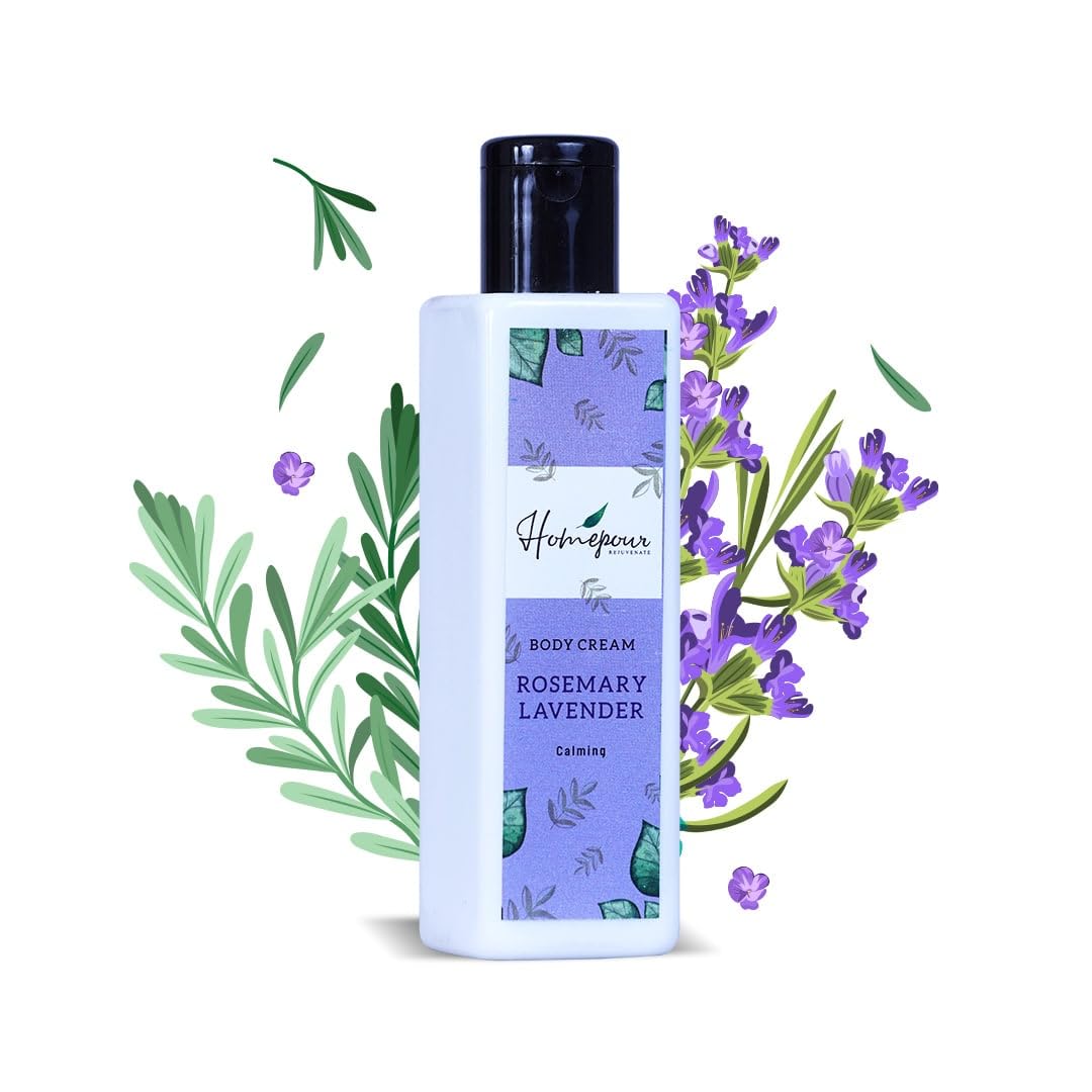 Homepour Rosemary Lavender Body Cream - 200ml Handmade Moisturizing Lotion for Dry Skin - Calming Aromatherapy for Relaxation & Stress Relief - Perfect for Nighttime Routine & Self-Care