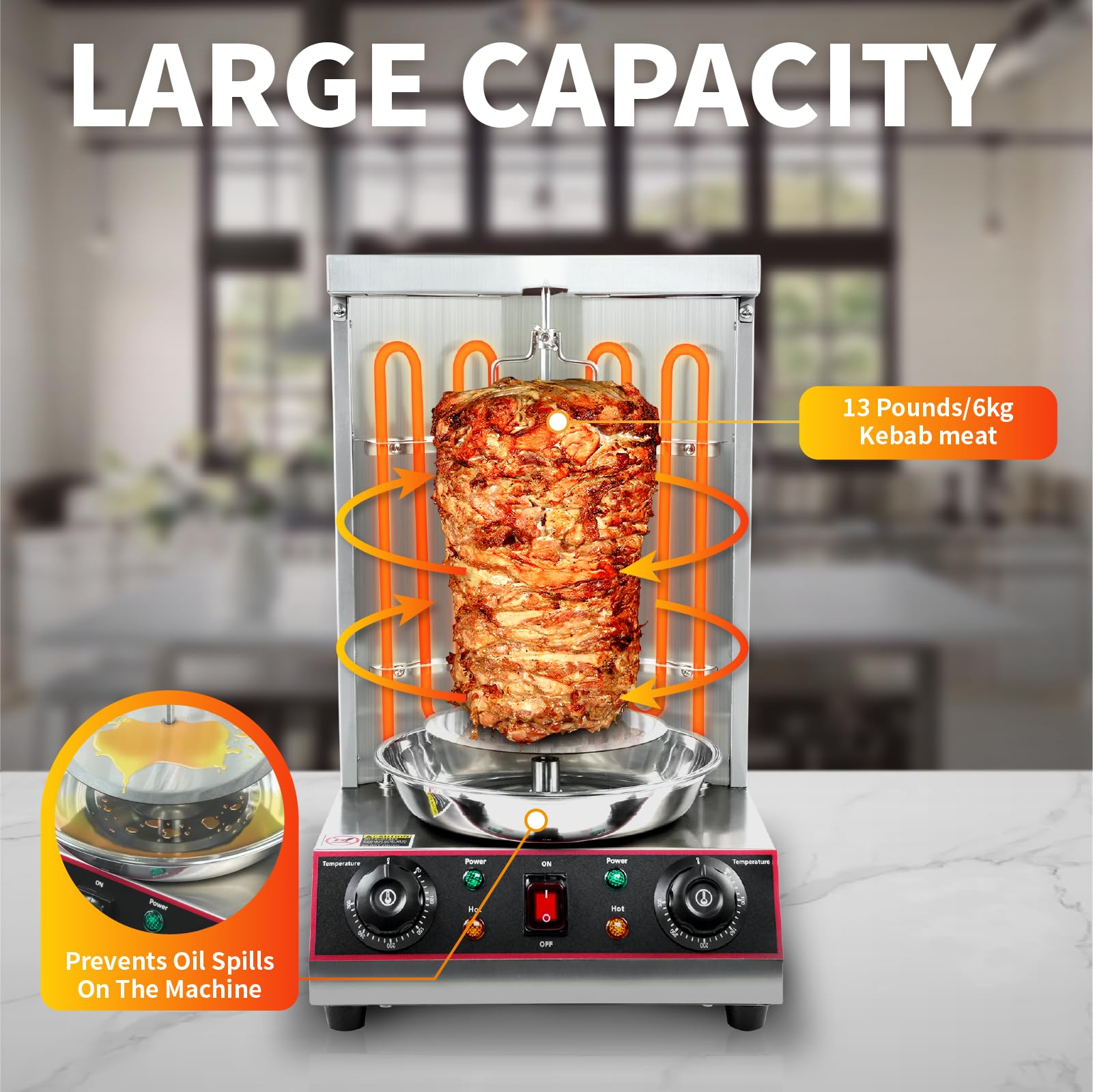 Electric Shawarma Grill Machine - Vertical Doner Kebab Rotisserie Oven with Meat Catch Pan | Commercial & Home Use for Gyro, Chicken, Beef | Perfect for Restaurants, Food Trucks & Parties