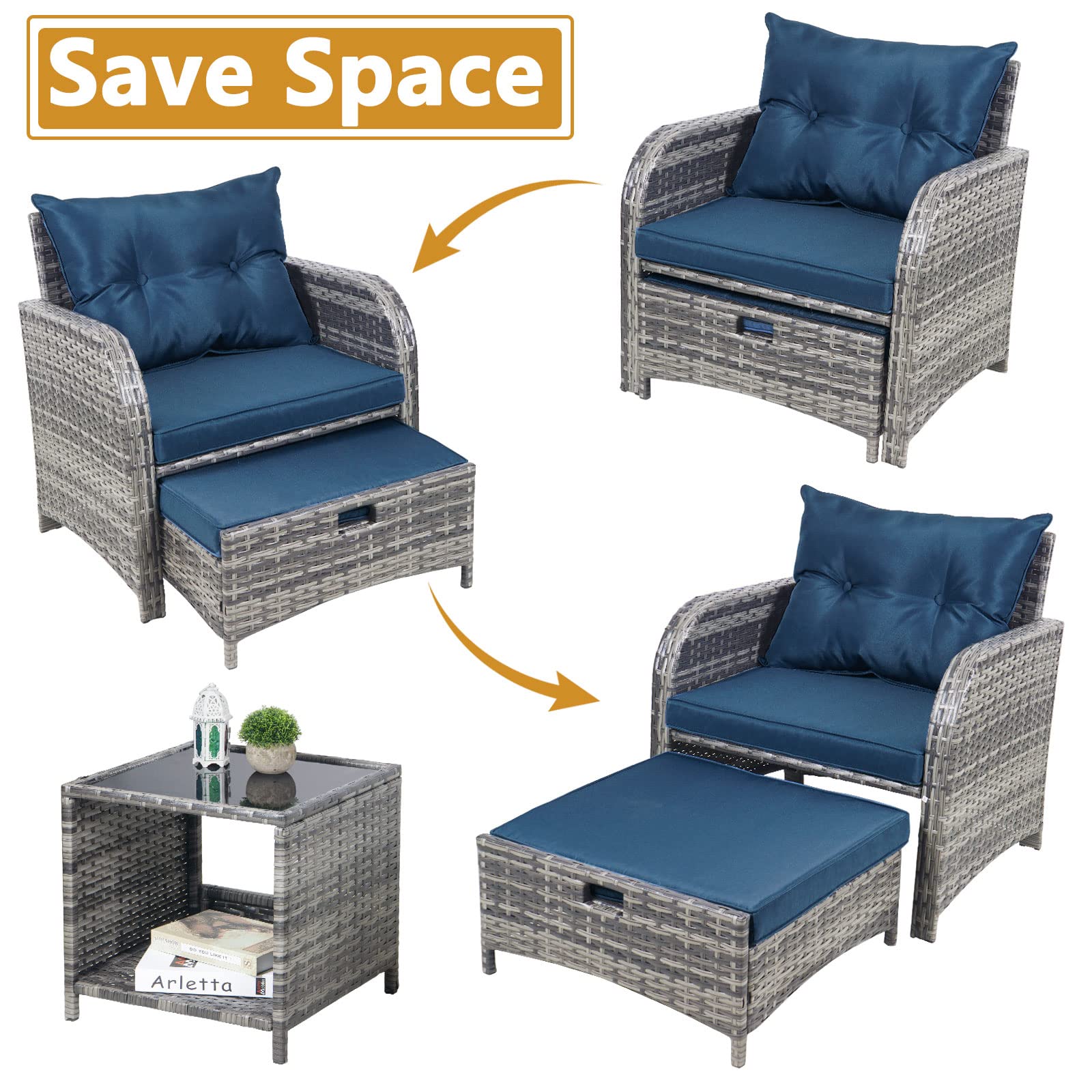 5-Piece All-Weather PE Rattan Outdoor Patio Furniture Set with Ottoman - Wicker Conversation Chairs for Poolside, Garden, Balcony & Backyard (Blue) - Perfect for Relaxing, Entertaining & Outdoor Lounging