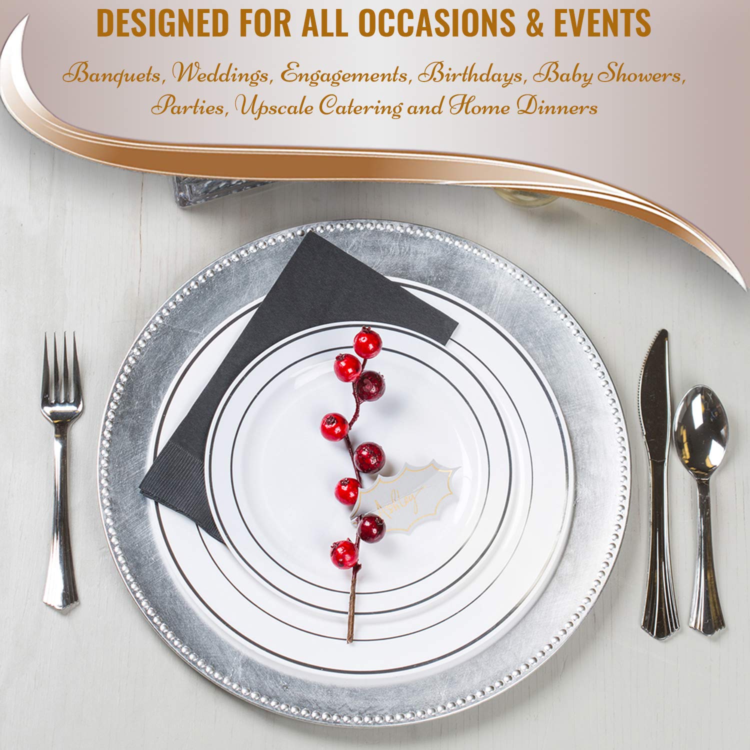 Premium 240-Pack Disposable Plastic Plates - 120 Heavy Duty White Silver-Rimmed Dinner Plates & 120 Elegant Dessert Plates for Wedding, Birthday Party, Catering & Events - Durable Party Tableware for Indoor/Outdoor Use