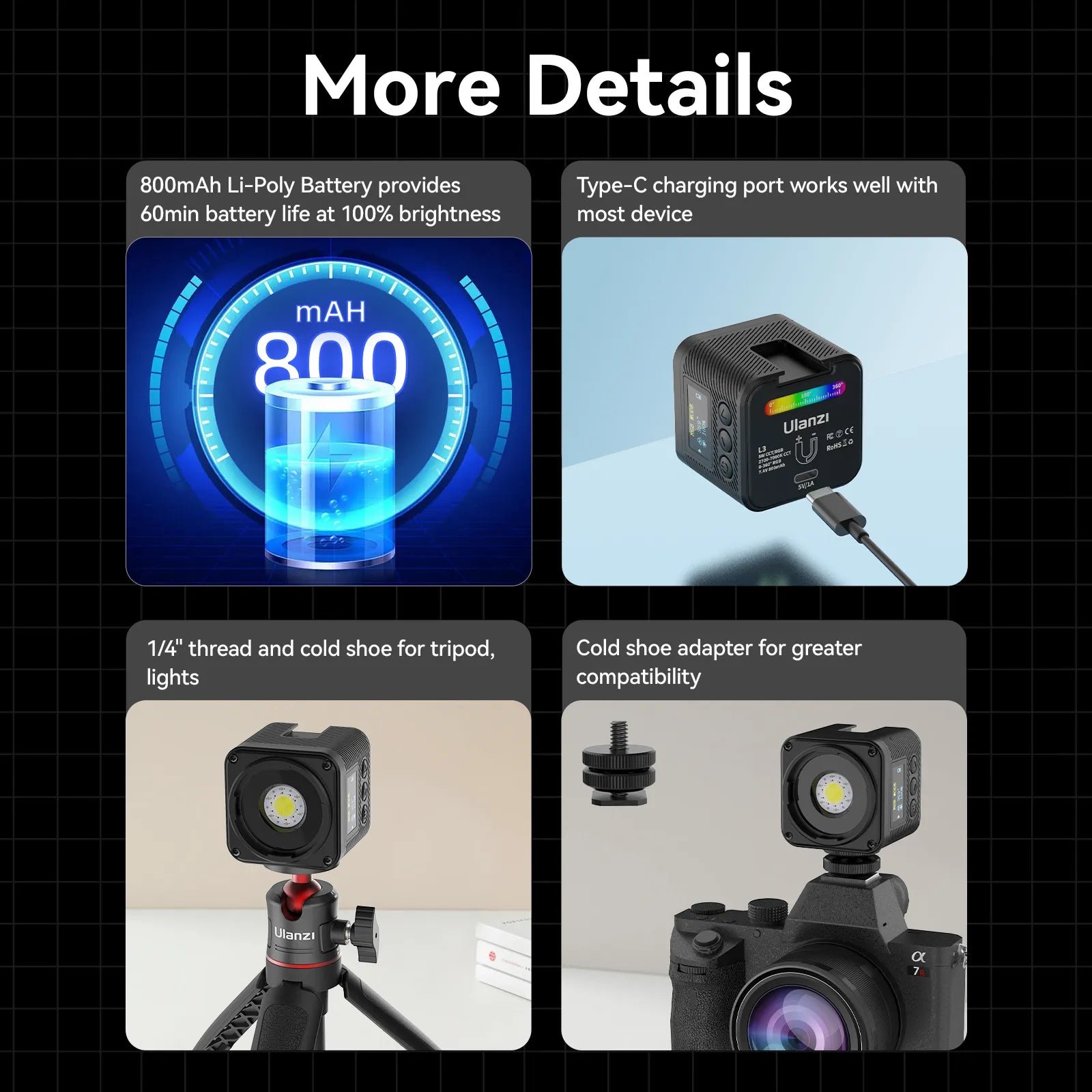 Ulanzi L3 RGB LED Video Light - 3200K-5600K Adjustable, 2600mAh Battery, Portable Lighting for YouTube, Vlogging, Photography, Live Streaming & Content Creation