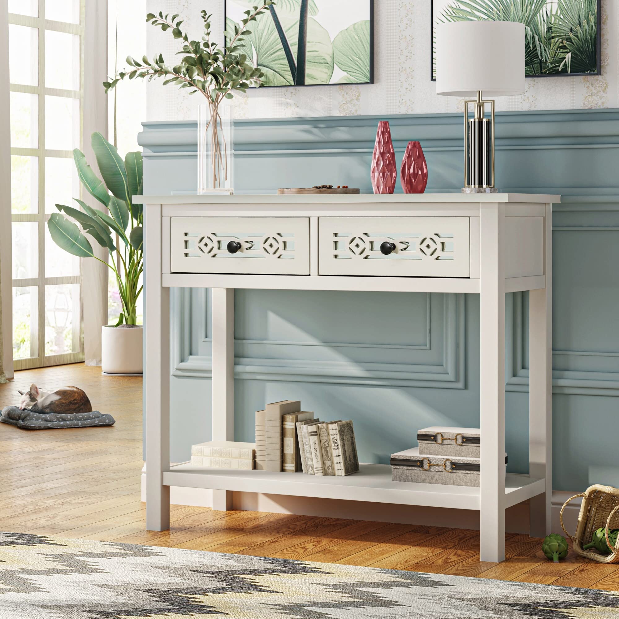 Classic Mid-Century Modern Console Table with Hollow-Out Design, 2 Drawers & Open Shelf - Large Storage Space in Ivory White Wood Finish | Perfect for Entryway, Living Room & Hallway Decor