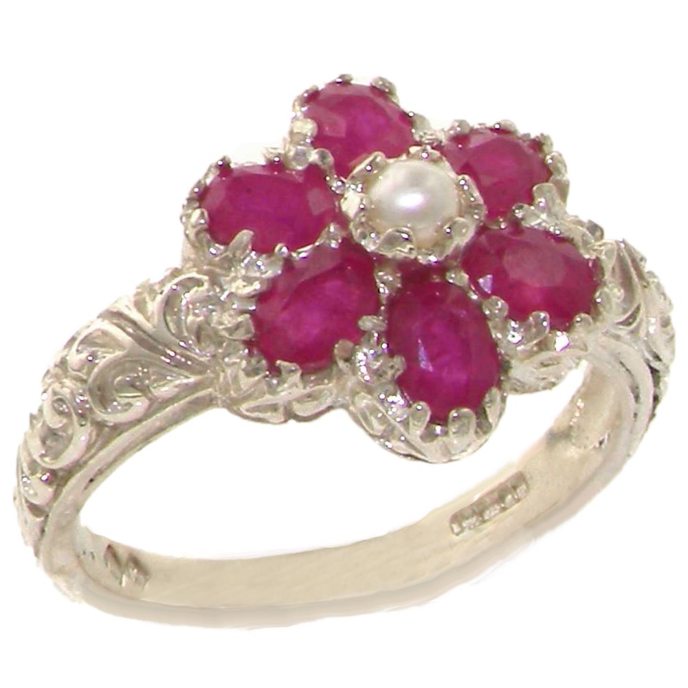 925 Sterling Silver Cultured Pearl & Ruby Women's Band Ring - Elegant Jewelry for Weddings, Anniversaries & Special Occasions