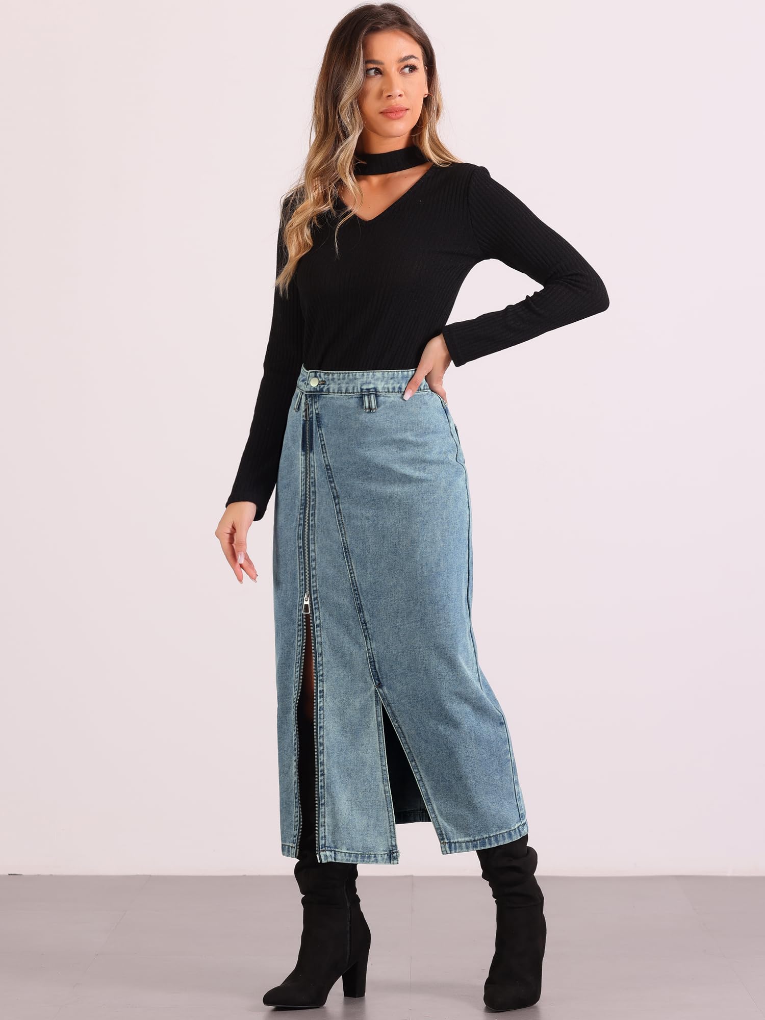Allegra K Women's Denim Jean Skirt with Pockets - Front Zipper & Split Design for Casual Wear, Office Outfits & Date Night Looks