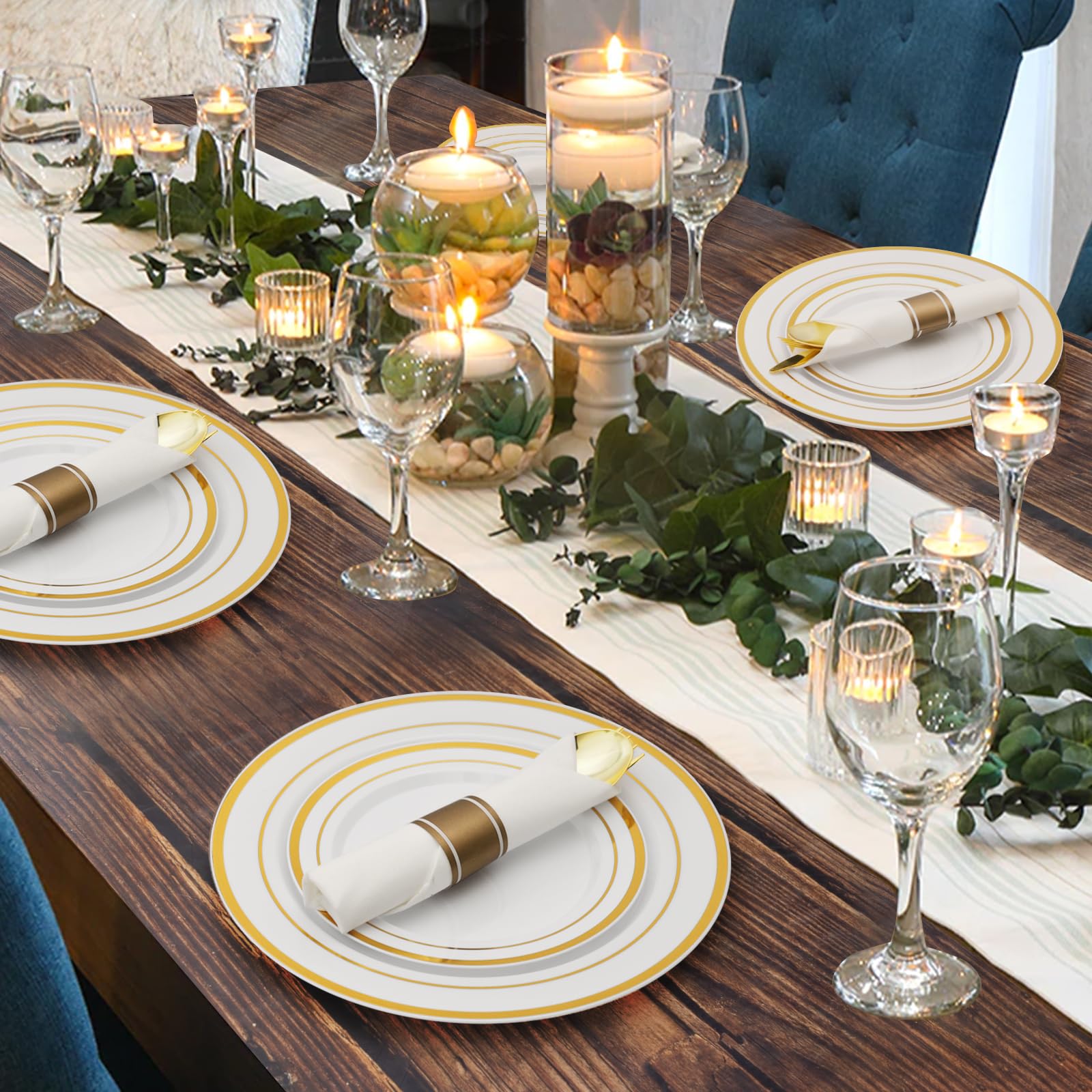 Goodluck 350-Piece Gold Plastic Dinnerware Set for 50 Guests - Elegant Disposable Plates, Cups & Silverware for Parties, Weddings & Events | Includes 50 Dinner Plates, 50 Dessert Plates, 50 Pre-Rolled Napkins & 50 Cups