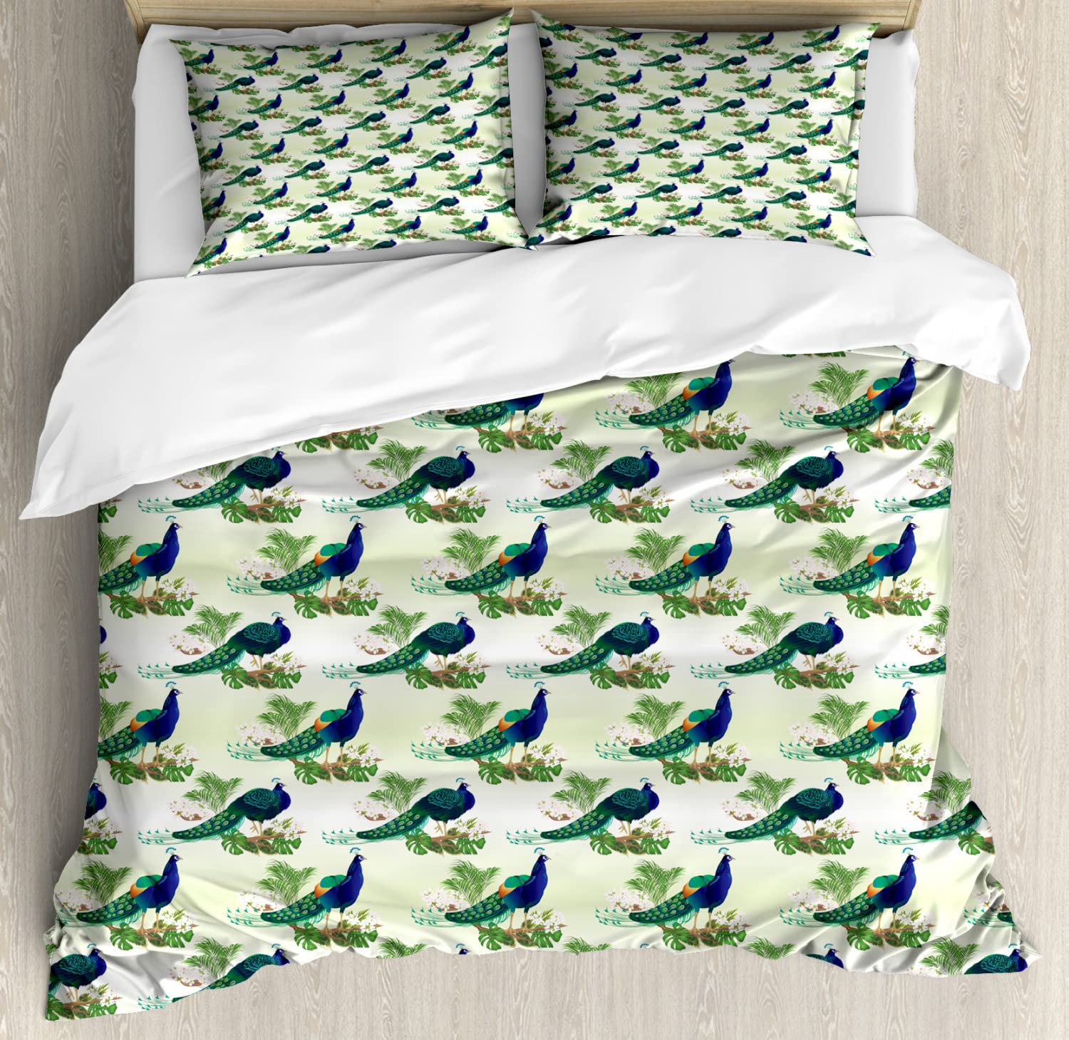 Ambesonne Peacock Duvet Cover Set King Size 2-Pack - Exotic Ostrich & Monstera Leaf Botanical Print Bedding with 2 Duvet Covers & 4 Pillowcases - Pale Green Multicolor Luxury Bedroom Decor for Master Bedroom, Guest Room, or Vacation Home