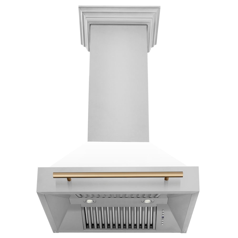 ZLINE Autograph Edition 30-inch Stainless Steel Dual Fuel Range with White Matte Door & Range Hood - Champagne Bronze Accents | Professional Kitchen Upgrade for Home Chefs & Modern Cooking Enthusiasts