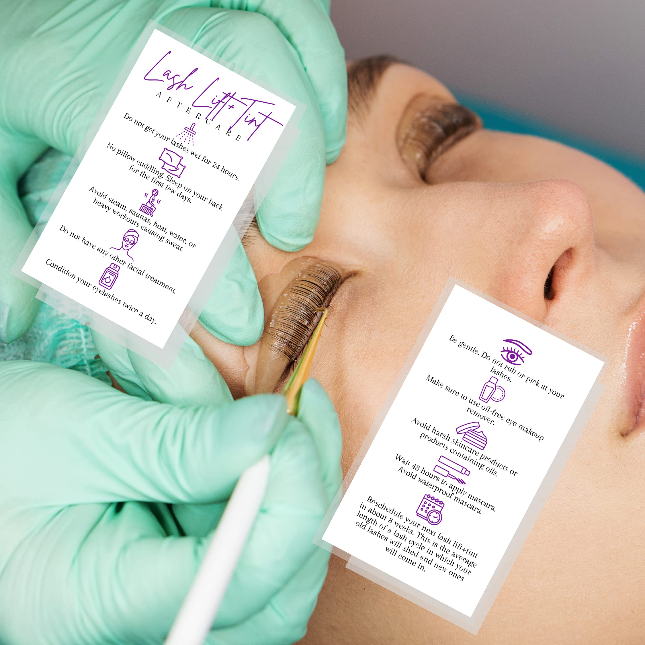 Premium Lash Lift & Tint Aftercare Instruction Cards - 50 Pack (2x3.5