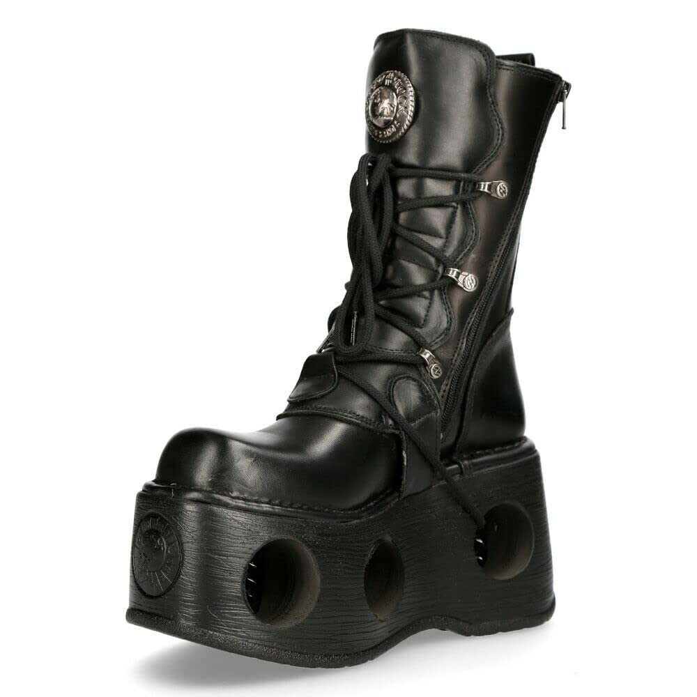 New Rock Boots 373-S2 Women's Metallic Black Leather Platform Goth Boots - Punk Fashion, Gothic Style, Comfortable & Durable for Concerts, Nightclubs & Alternative Outfits