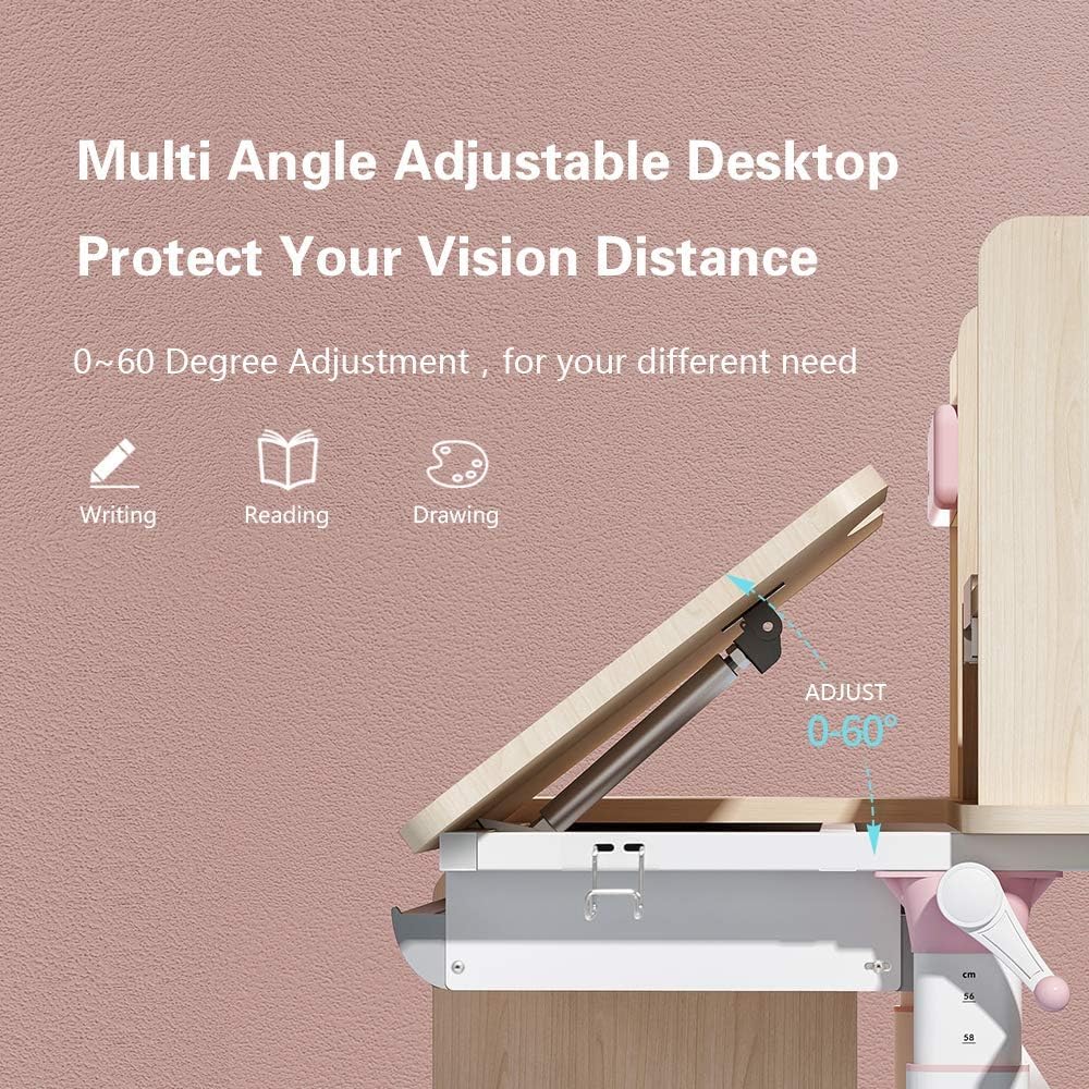 FCD Kids Desk - Adjustable Wooden Study Desk for Students with Tilt Desktop, Tablet Holder & Storage | Ergonomic Multi-Function Workstation for Homework, Drawing & Computer Use | Pink Children's Study Table with Bookshelf & Drawers | Perfect for Bedroom, Homeschool & Small Spaces