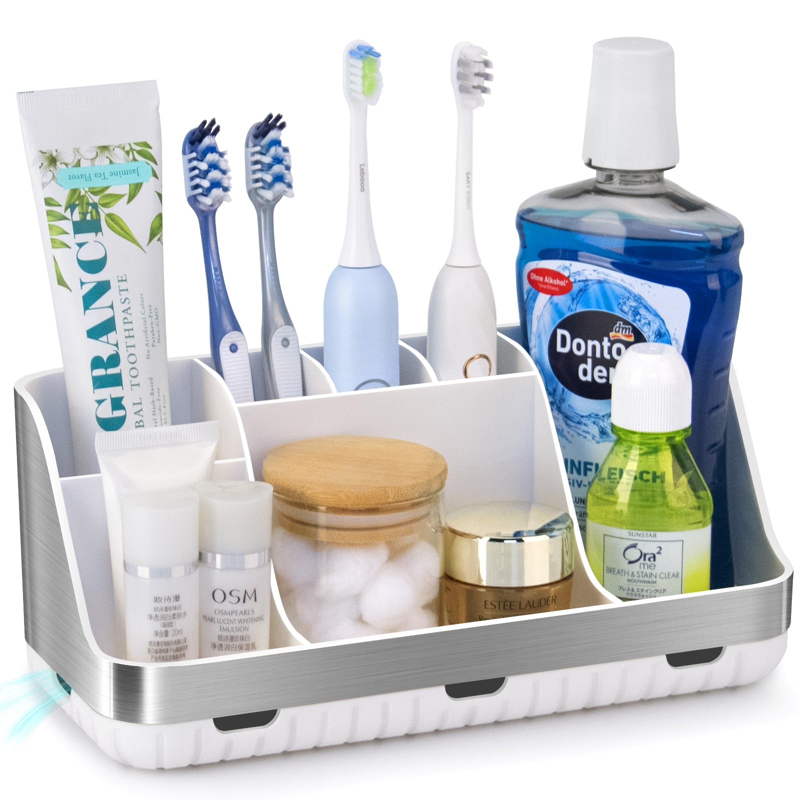 Silver Toothbrush Holder - 7 Slot Bathroom Organizer for Kids & Electric Toothbrushes | Countertop Storage Solution