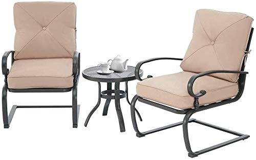 Crownland 3-Piece Patio Bistro Set - Wrought Iron Outdoor Dining Table & Cushioned Chairs - Brown Metal Cafe Furniture for Garden, Balcony, Backyard