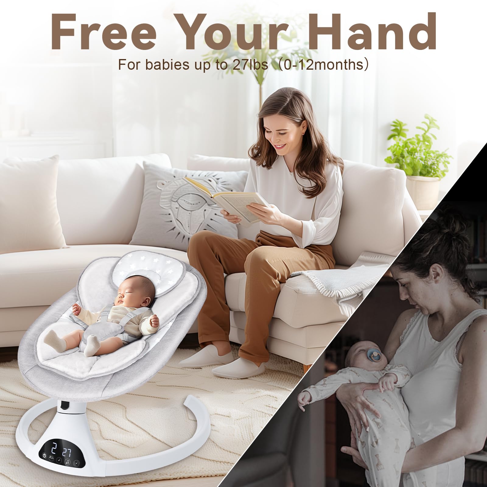 Omzer Electric Baby Swing for Infants - Bluetooth Enabled Remote Control with Music Speaker, Timer & 5 Speed Settings | Soothing Rocking Motion for Newborns to Toddlers | Perfect for Nursery, Daycare & Travel Use