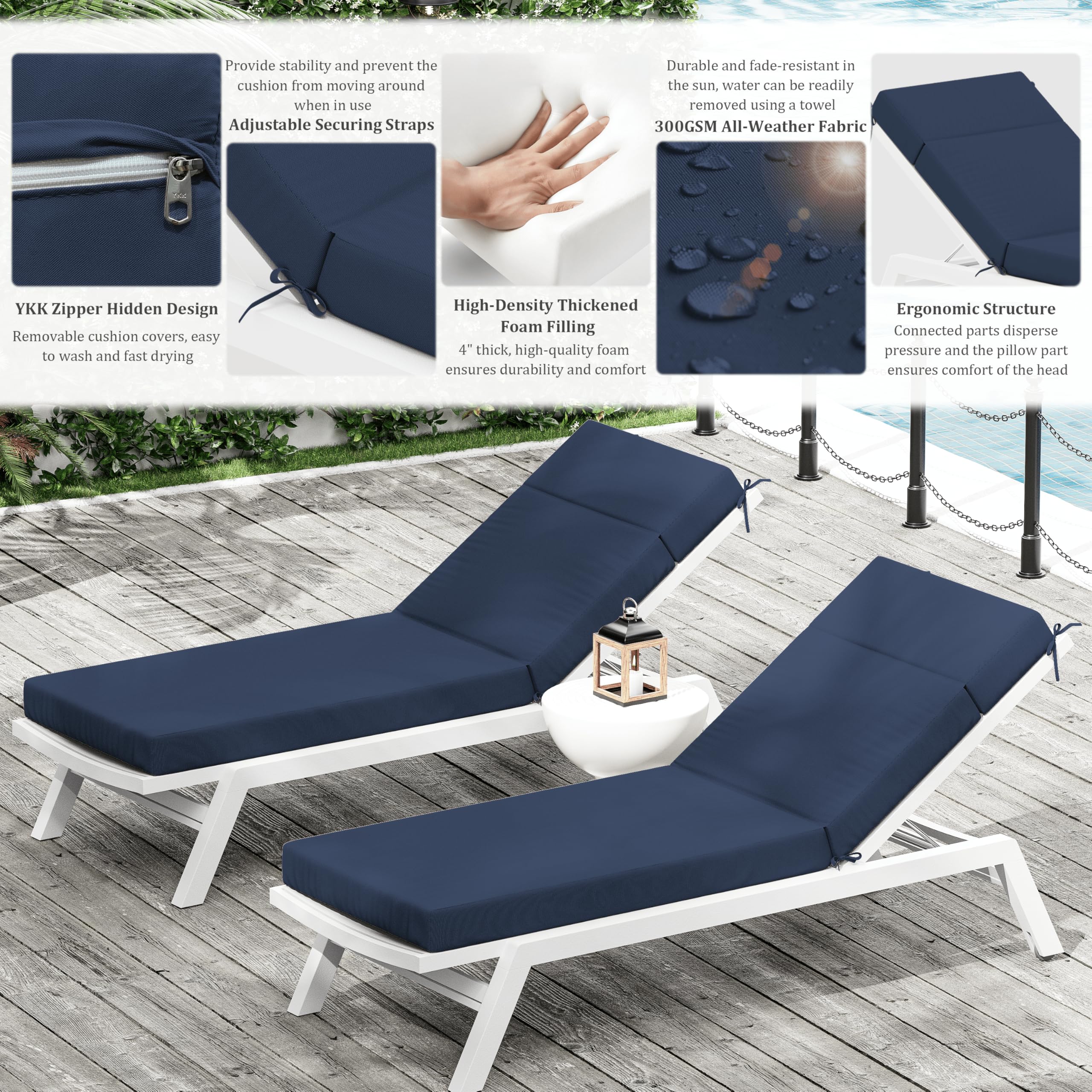Waterproof Outdoor Chaise Lounge Cushion - Fade & Tear Resistant Patio Furniture Cushion for Poolside, Lawn, Resort & Hotel Use - Perfect for Sunbathing & Relaxing