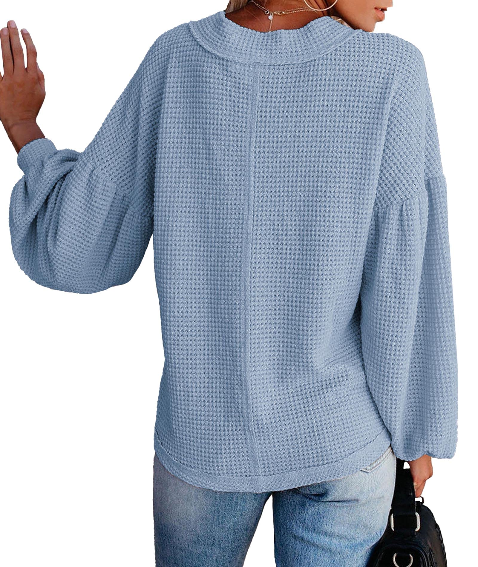 Sexyshine Women's V-Neck Long Lantern Sleeve Oversized Waffle Knit Sweater - Cozy Winter Pullover for Fall & Casual Outfits | Perfect for Date Nights, Office Wear & Holiday Gatherings