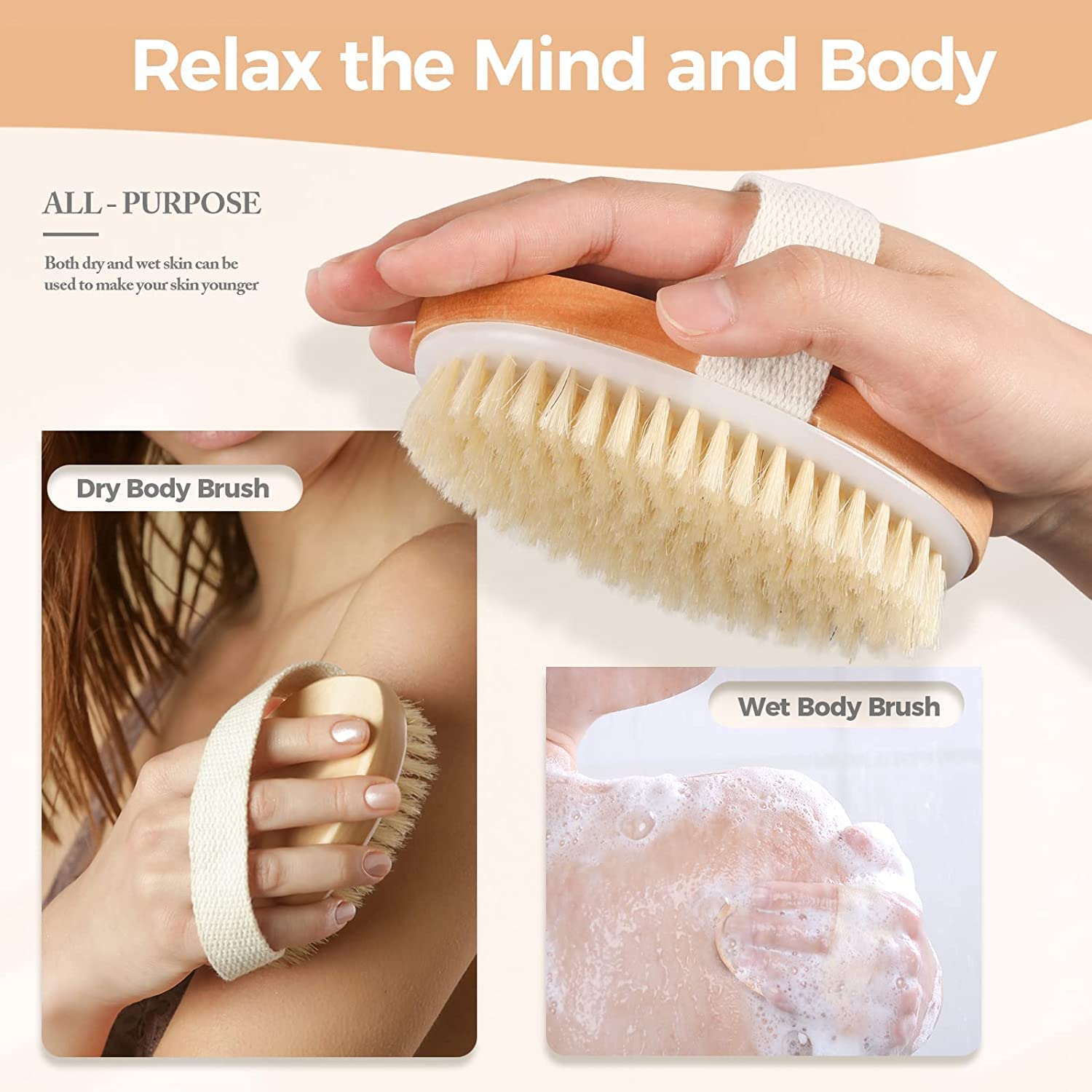 MustHome Natural Bristle Dry Brushing Body Brush - Exfoliating Scrubber for Bathing & Dead Skin Removal - Brown Wooden Handle for Spa, Shower & Self-Care Routine