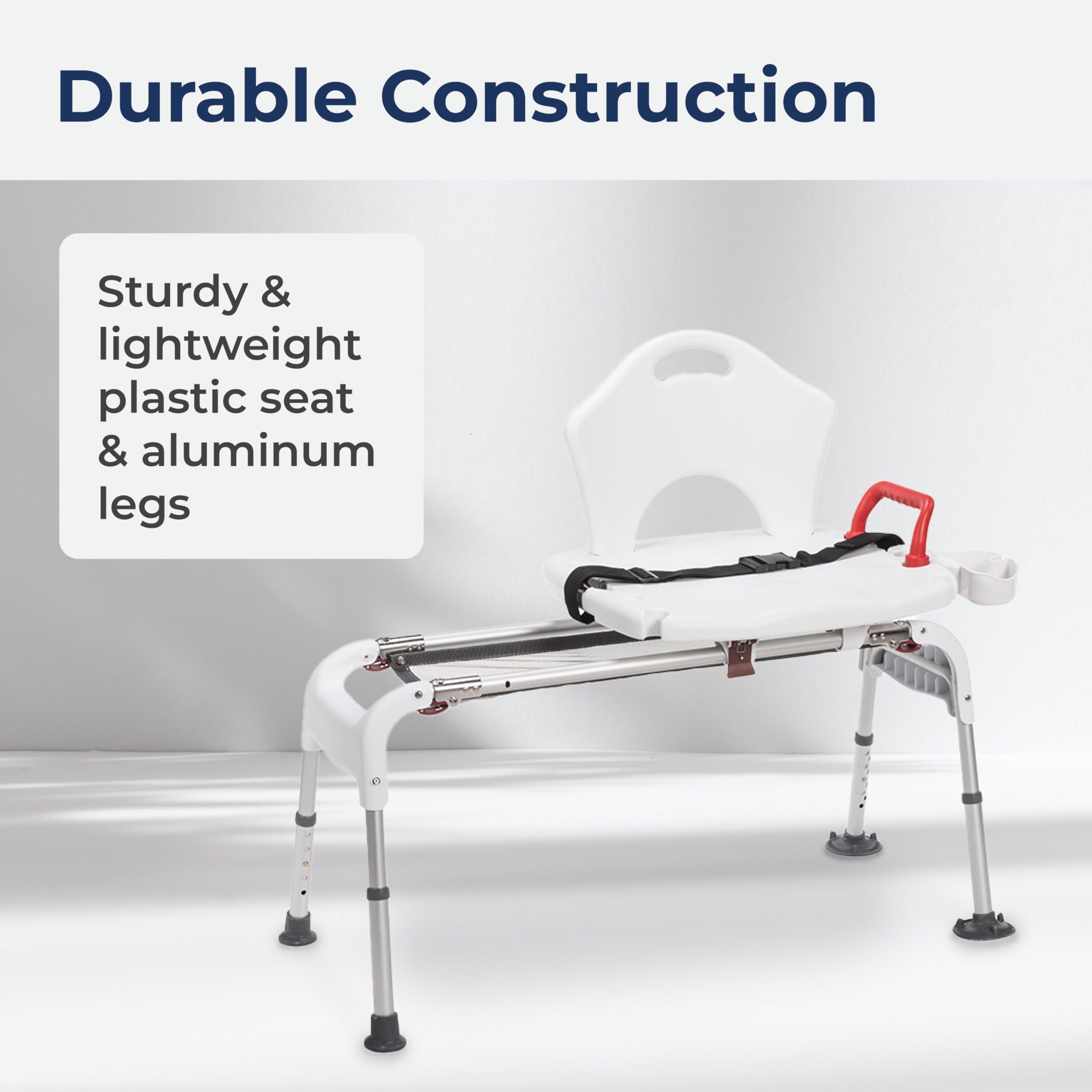 Drive Medical RTL12075 Adjustable Height Sliding Bathtub Transfer Bench - Shower Chair with Armrests & Seatbelt, 300 lb Weight Capacity, White - Ideal for Elderly & Mobility Assistance, Safe Bathing Solution for Disabled & Seniors