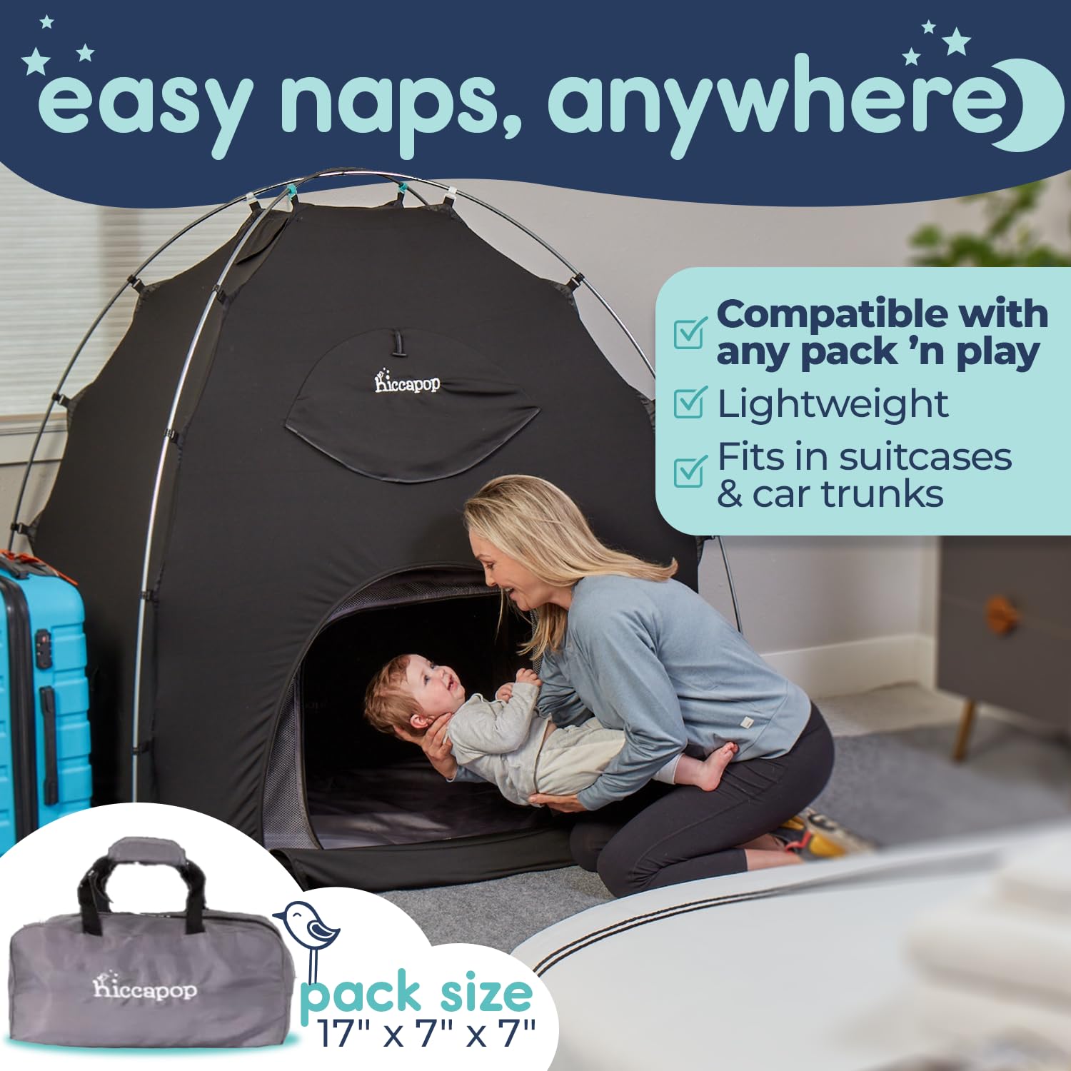 Hiccapop Blackout Tent for Pack and Play - Portable Crib Canopy Cover with Patented Design | Baby Sleep Pod for Daytime Naps & Travel | Nursery, Bedroom, Outdoor Use