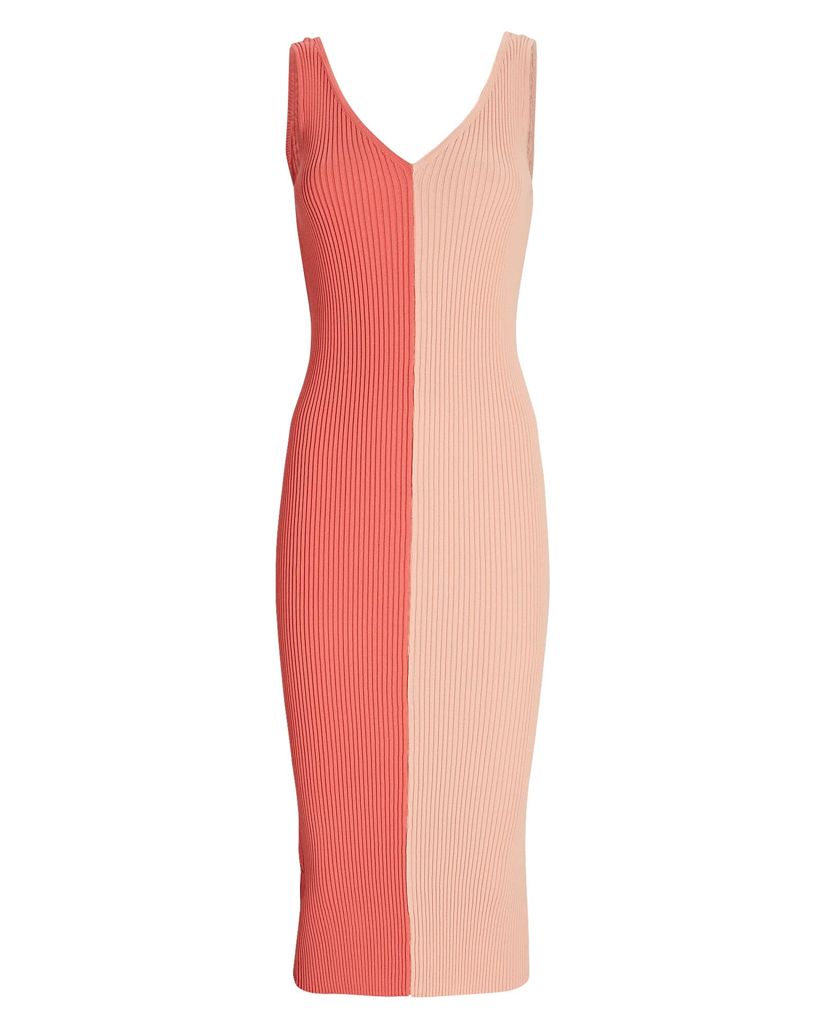 Staud Women's Dana Two-Tone Rib Knit Pencil Midi Dress in Pink | Slim Fit Stretch Dress for Work, Date Night & Special Occasions