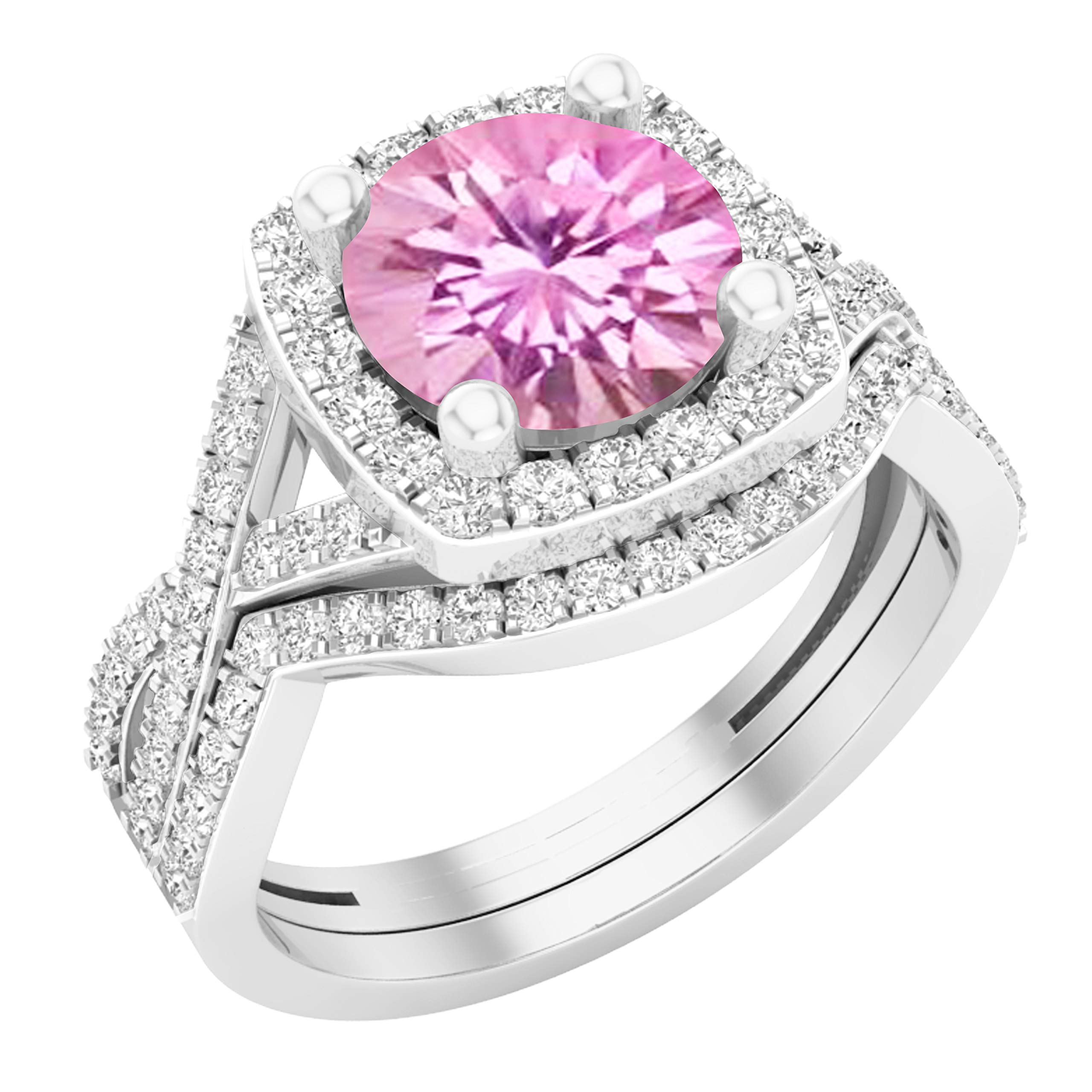 Dazzlingrock 8mm Round Lab-Created Gemstone & Cubic Zirconia Split Shank Halo Wedding Ring Set in Sterling Silver - Elegant Bridal Jewelry for Engagement, Anniversary & Special Occasions