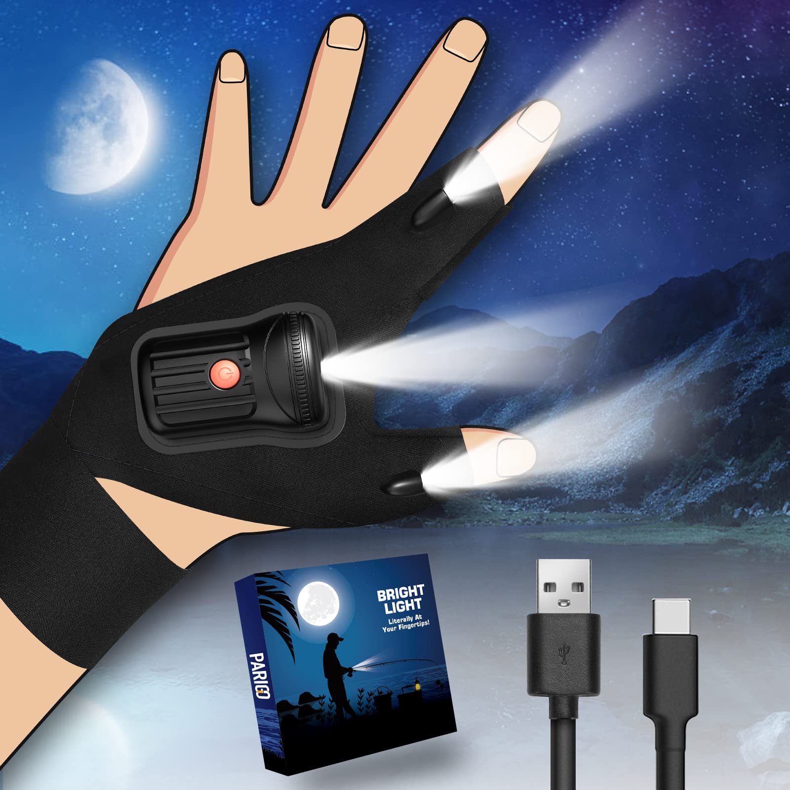 Rechargeable LED Flashlight Gloves for Men - Hands-Free Light for Fishing, Camping, Repairing & Outdoor Activities - Perfect Christmas, Birthday Gifts for Dad, Husband & Teen Boys - Cool Gadgets & Stocking Stuffers