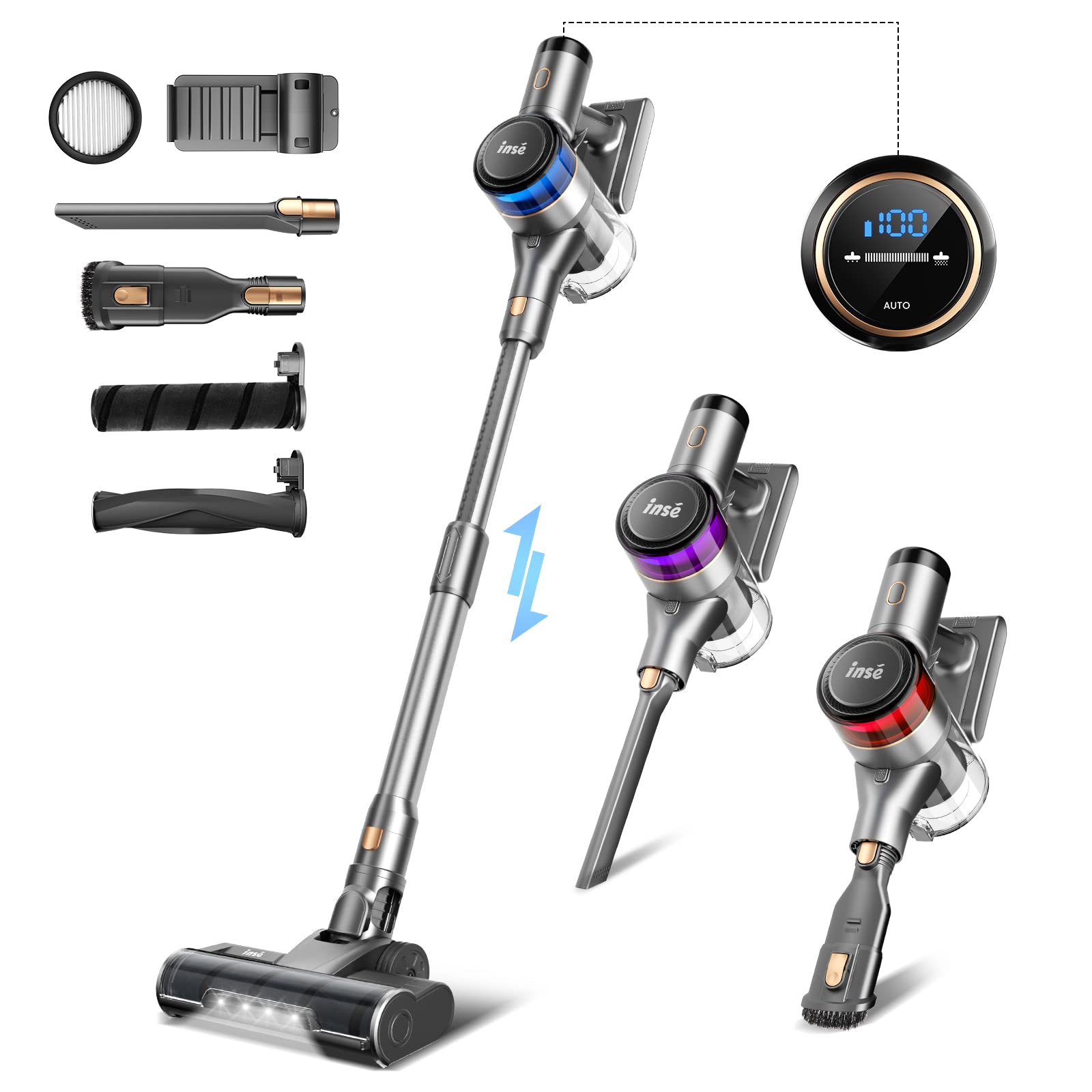 INSE Cordless Vacuum Cleaner 400W - 30KPa Powerful Suction Stick Vacuum with Smart Auto-Adjustment, 55min Runtime, Rechargeable for Carpet & Hard Floor Pet Hair Removal, LED Display (Model S9) - Perfect for Home Cleaning, Car Detailing and Pet Owners