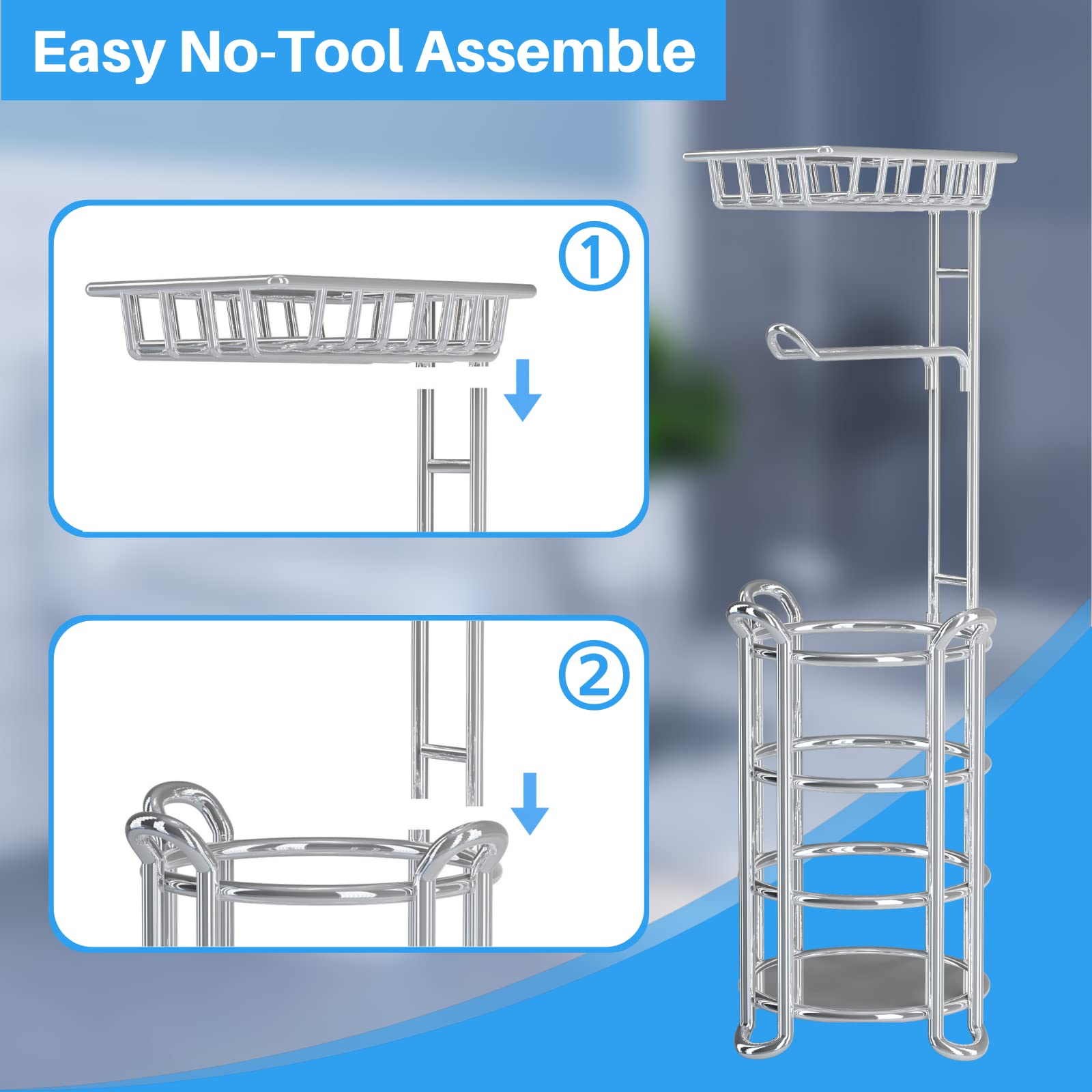 Free Standing Toilet Paper Holder with Shelf for Phone - Chrome Bathroom Tissue Roll Storage Rack Holds 4 Mega Rolls | Perfect for Small Bathrooms, Powder Rooms & Vanity Organization