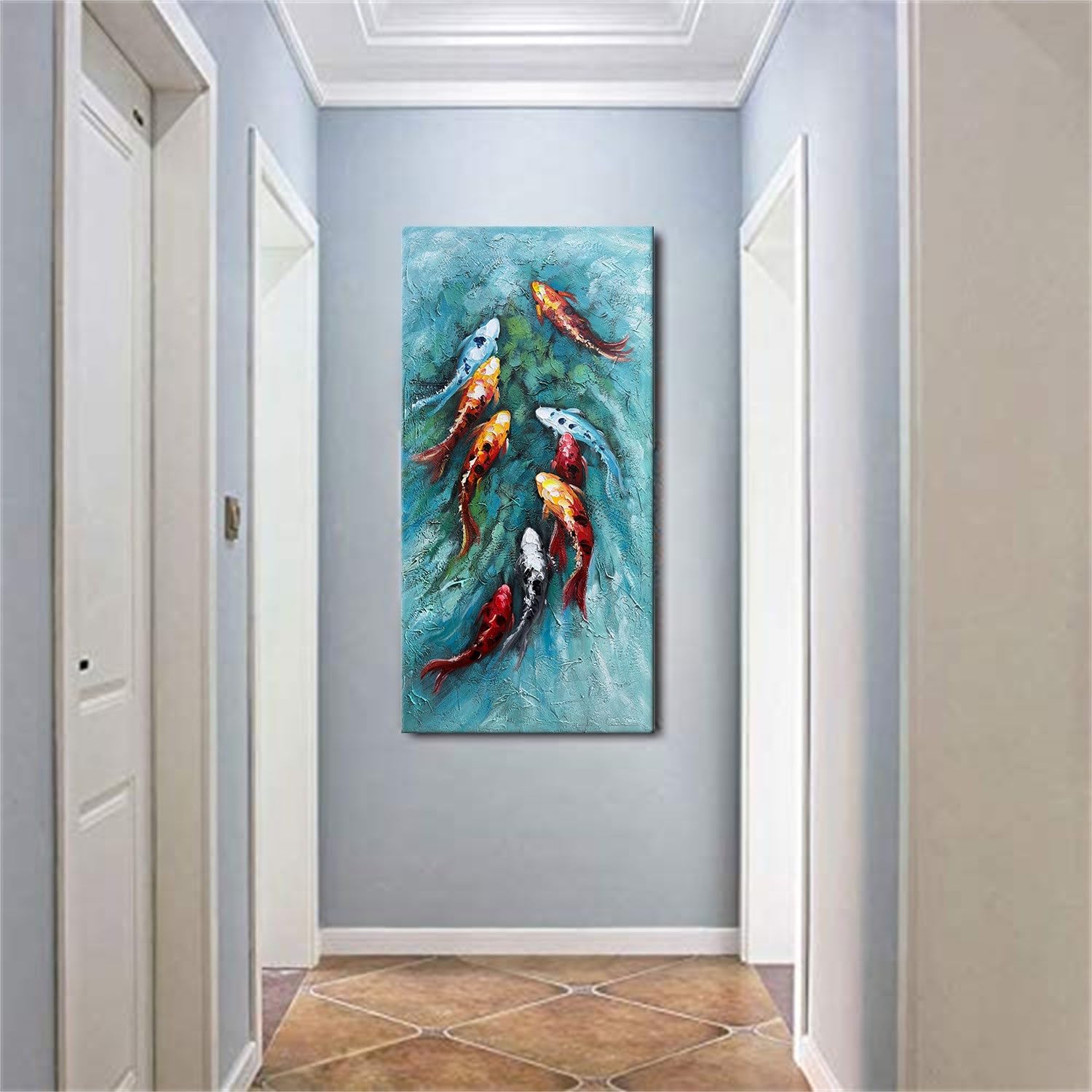 Zoinart Hand-Painted 3D Nine Fishes Oil Painting on Canvas - 24x48 Inch Vertical Modern Abstract Wall Art - Ready to Hang Home Decor for Living Room, Bedroom & Office