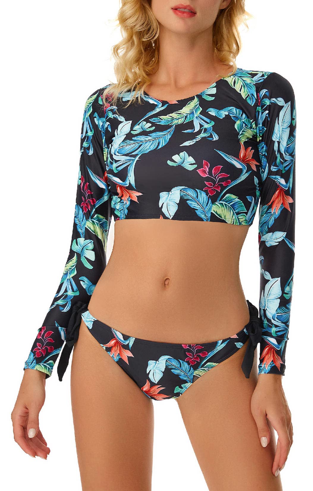 Women's Long Sleeve 2-Piece Printed Swim Shirt & Rash Guard Set - Lace Up Back Training Top Tankini Wetsuit - Blue Beachwear for Swimming, Surfing & Water Sports
