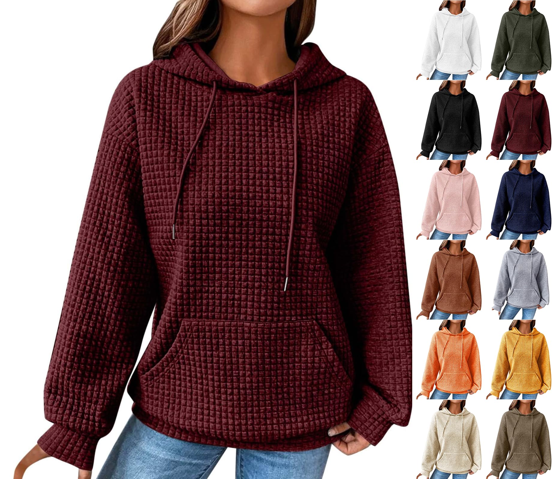 Women's Comfort Hoodies for Anxiety Relief - Soft Long Sleeve Waffle Pullover with Drawstring & Pocket - Cozy Loose Hooded Sweatshirt for Relaxing at Home, Yoga, or Casual Outings