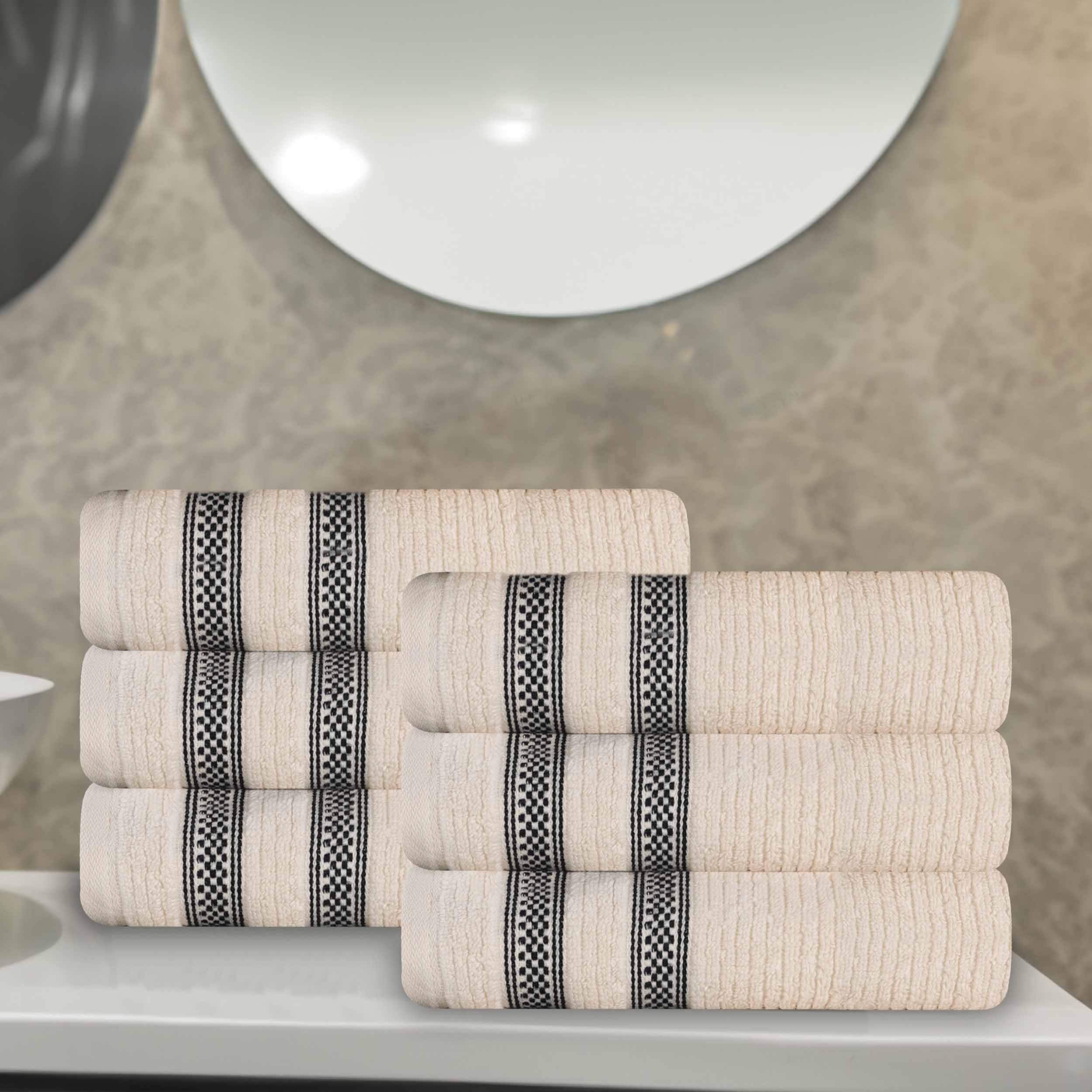 Premium 6-Pack Zero Twist Cotton Ribbed Geometric Border Plush Hand Towels - Ultra Soft & Absorbent for Bathroom, Kitchen, and Guest Use