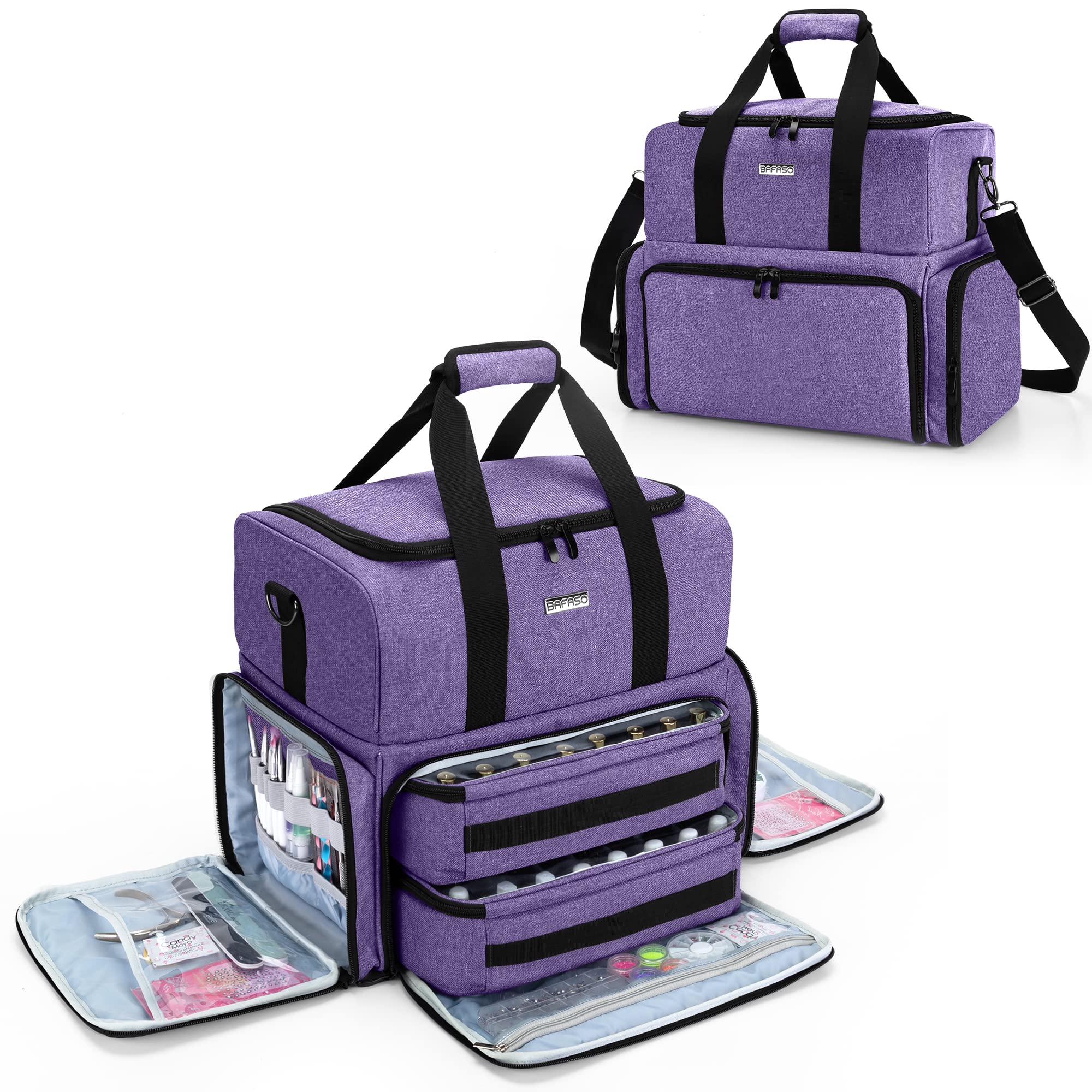 BAFASO Professional Nail Polish Organizer Case - Holds 80 Bottles (15ml/0.5oz) with UV Nail Lamp Storage, 2 Removable Pouches & Manicure Tools Sections - Portable Nail Art Station for Salon, Home, Travel (Purple, Patented Design)