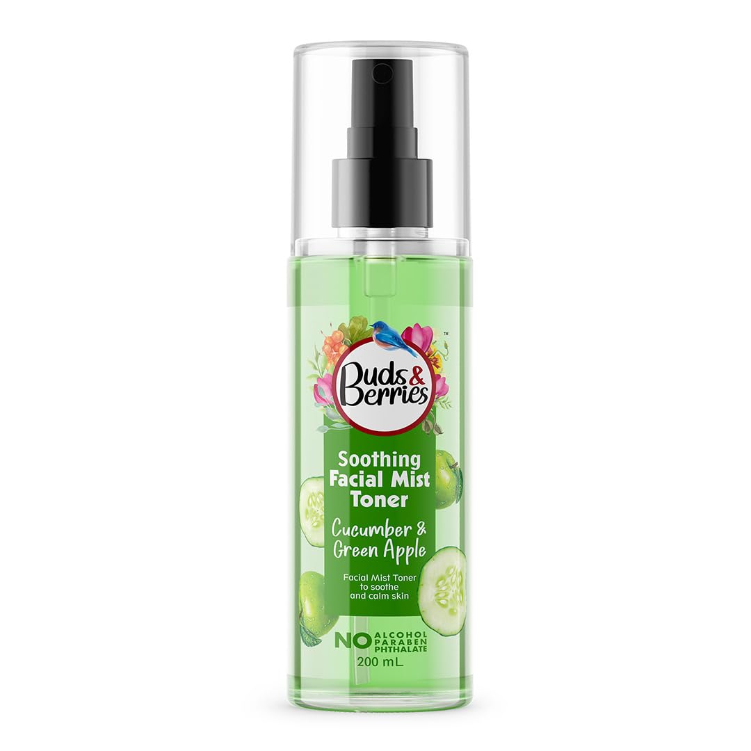 Buds & Berries Cucumber Green Apple Facial Toner Mist - Alcohol-Free, Paraben-Free, Pore Minimizer for Normal to Oily Skin | 200ml Hydrating Spray | Perfect for Post-Workout Refresh, Travel Essential & Daily Skincare Routine
