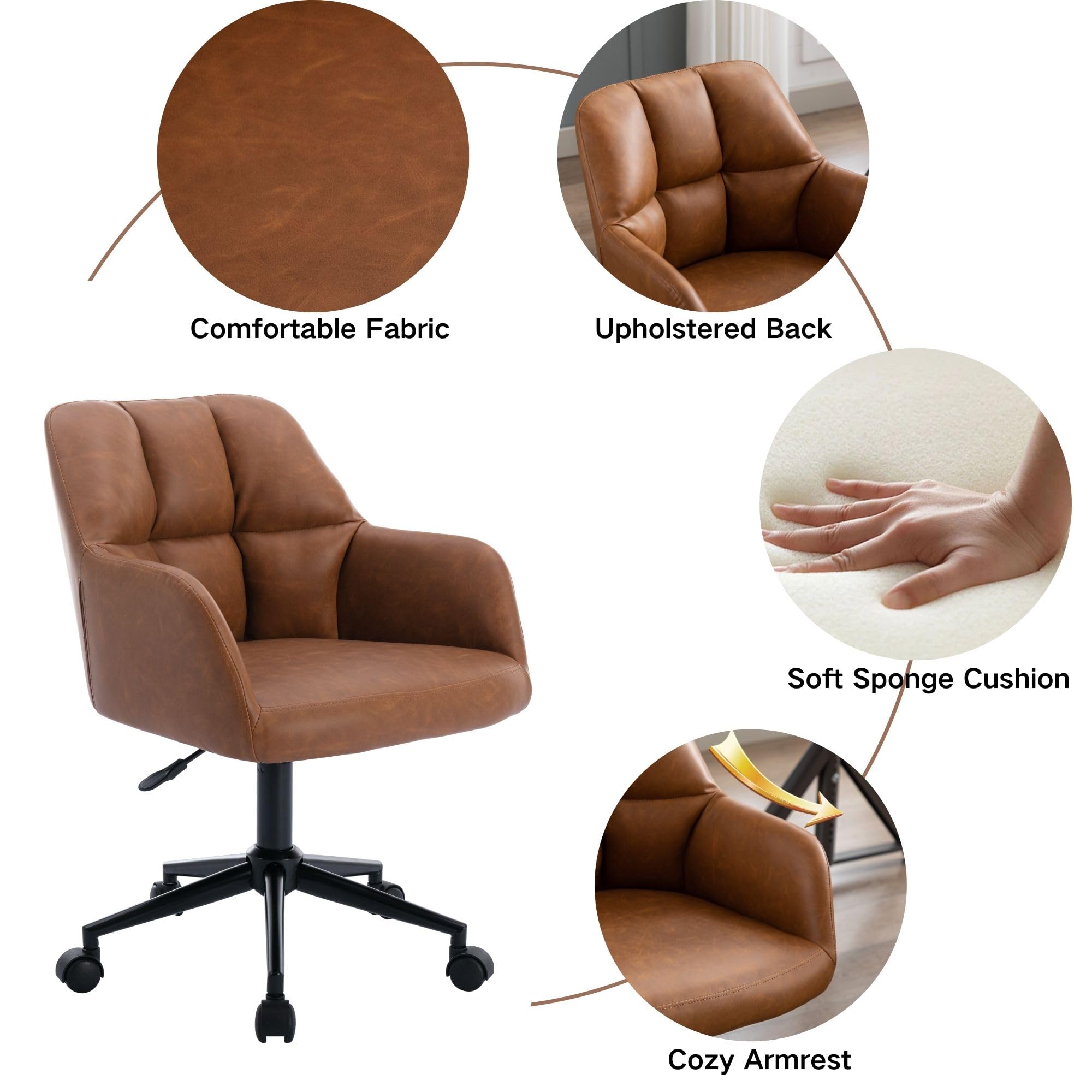 Premium Brown Leather Office Desk Chair with Mid Back Support - Adjustable Height, 360° Swivel & Rolling Wheels - Ergonomic Computer Task Chair for Home Office, Gaming & Workspace Comfort