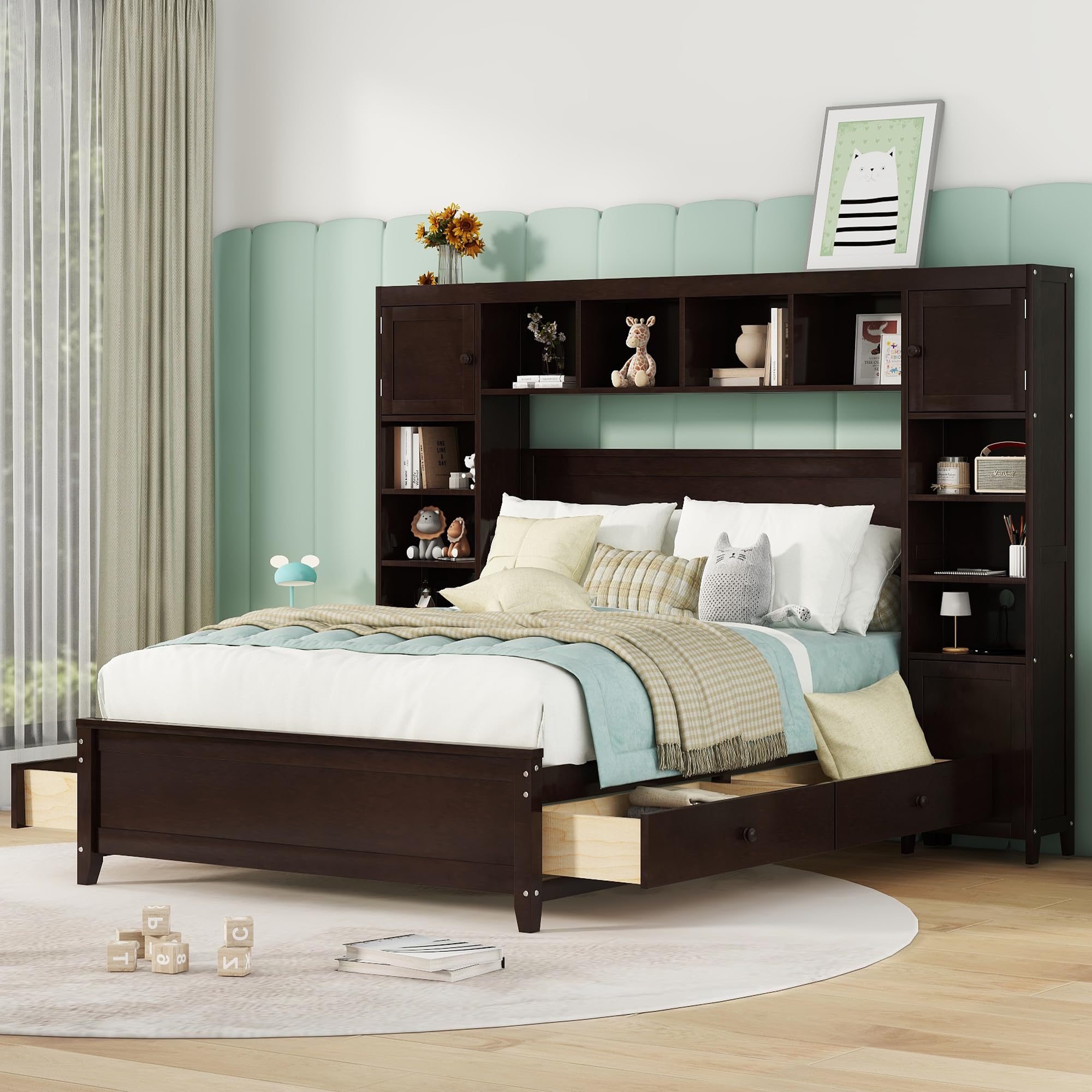 Full Size Wooden Platform Bed Frame with Storage Drawers, Cabinet & Shelves - All-in-One Panel Bed with Headboard & Slats Support (No Box Spring Needed) - Espresso Finish - Perfect for Small Bedrooms, Guest Rooms & Space-Saving Solutions