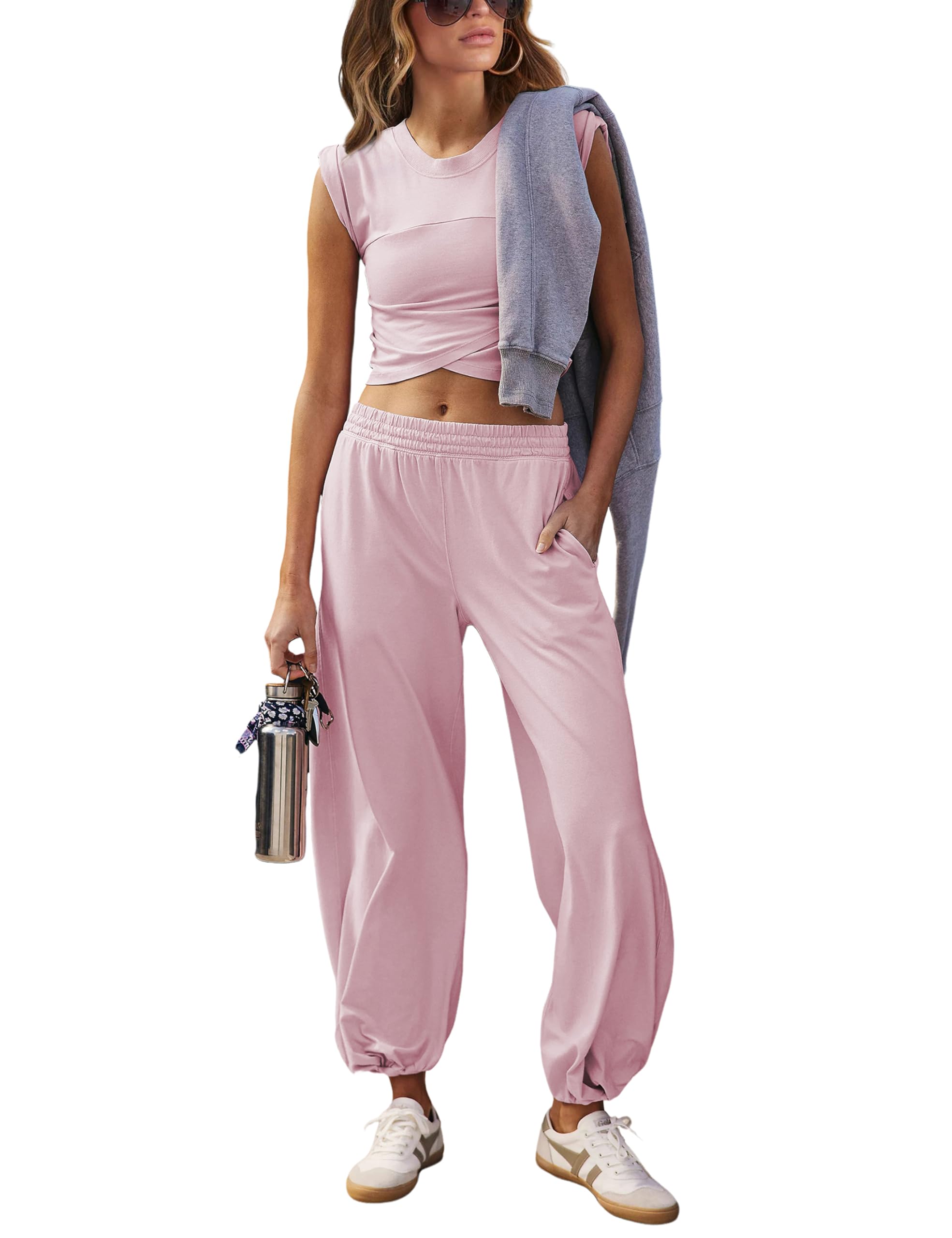 Springrain Women's 2-Piece Casual Lounge Set - Cropped Tops & Sweatpants Tracksuit with Pockets | Comfortable Outfit for Home, Yoga, Running & Travel