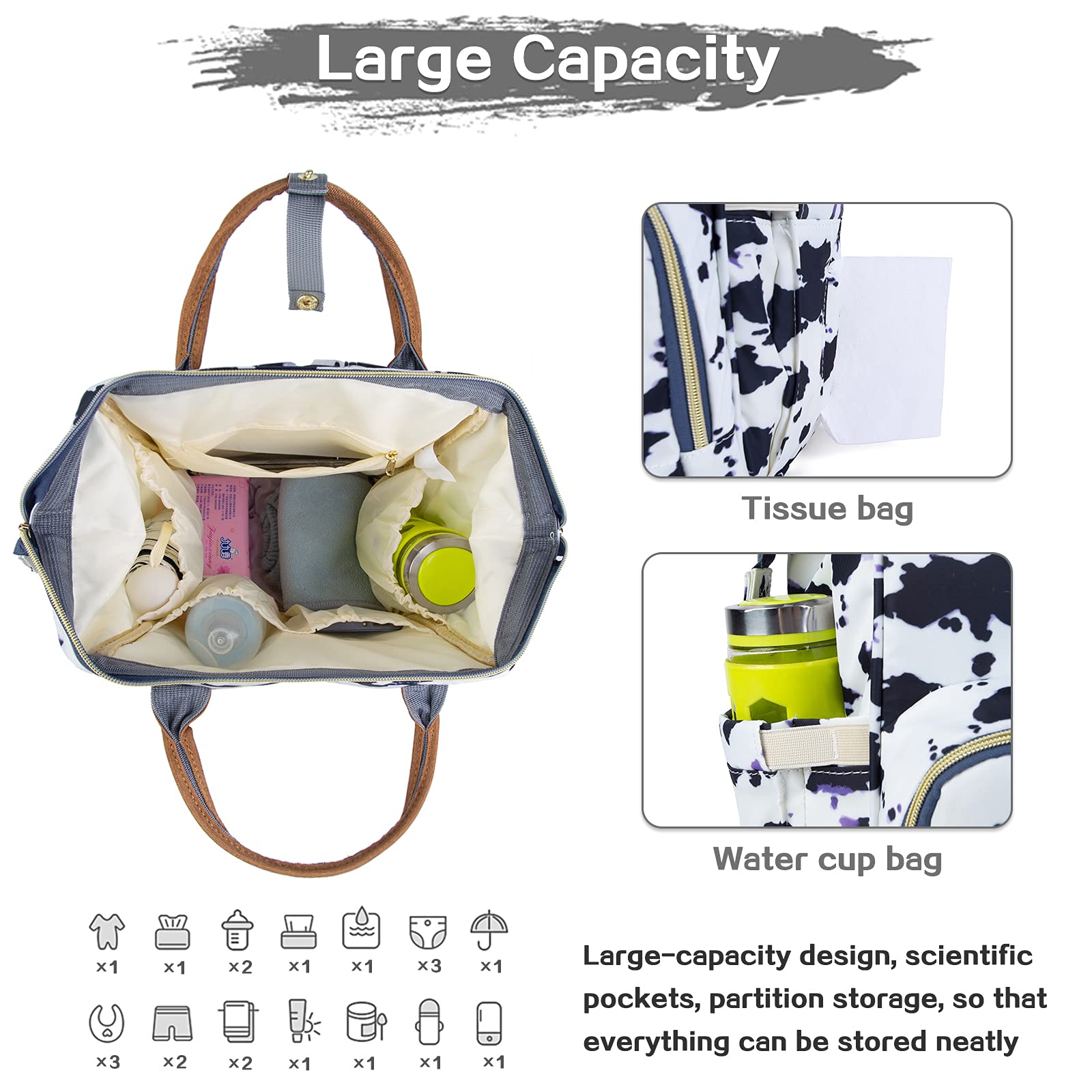 Waterproof Diaper Bag Backpack for Women - Large Baby Care Travel Bag with Multiple Pockets, Nappy Changing Organizer (Cow Print) - Perfect for Daycare, Travel & On-the-Go Parenting