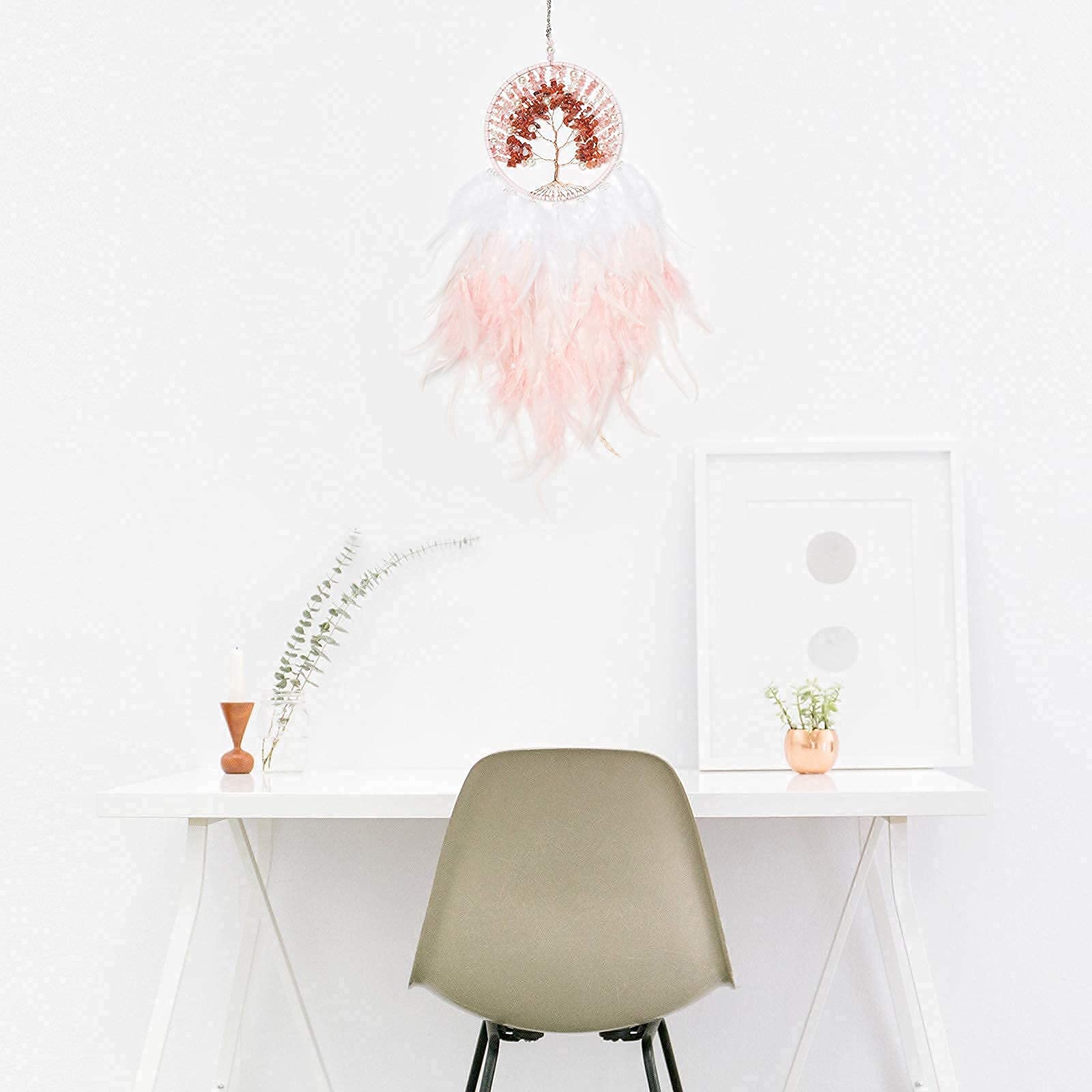 Handmade Pink Tree of Life Dream Catcher with Healing Crystals & Feathers - 25.6 Inch Wall Hanging Decor for Bedroom, Living Room, Wedding & Party | Boho Home Decor, Spiritual Gift, Meditation Space Accent